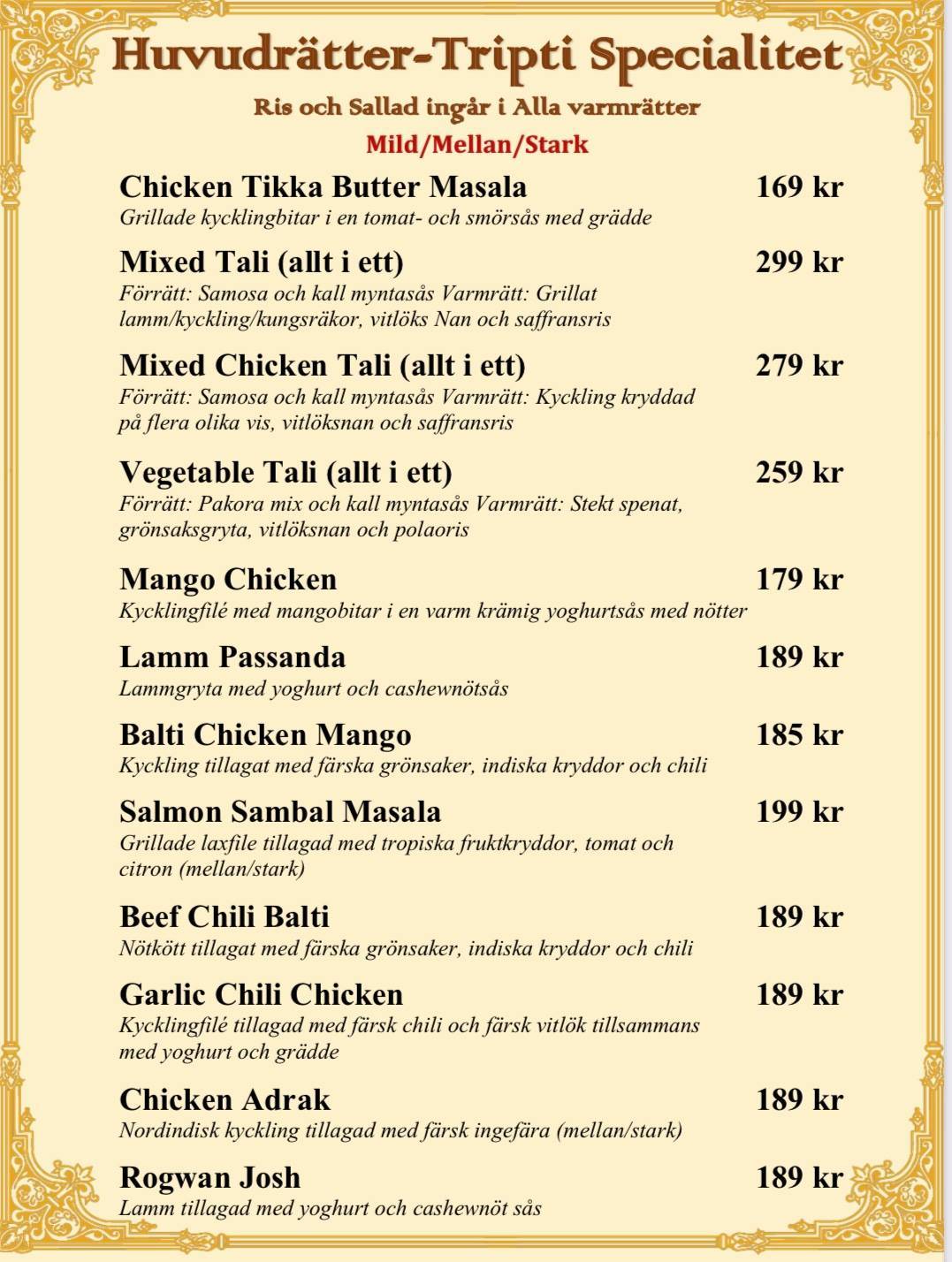 Tripti Indisk Restaurang меню
