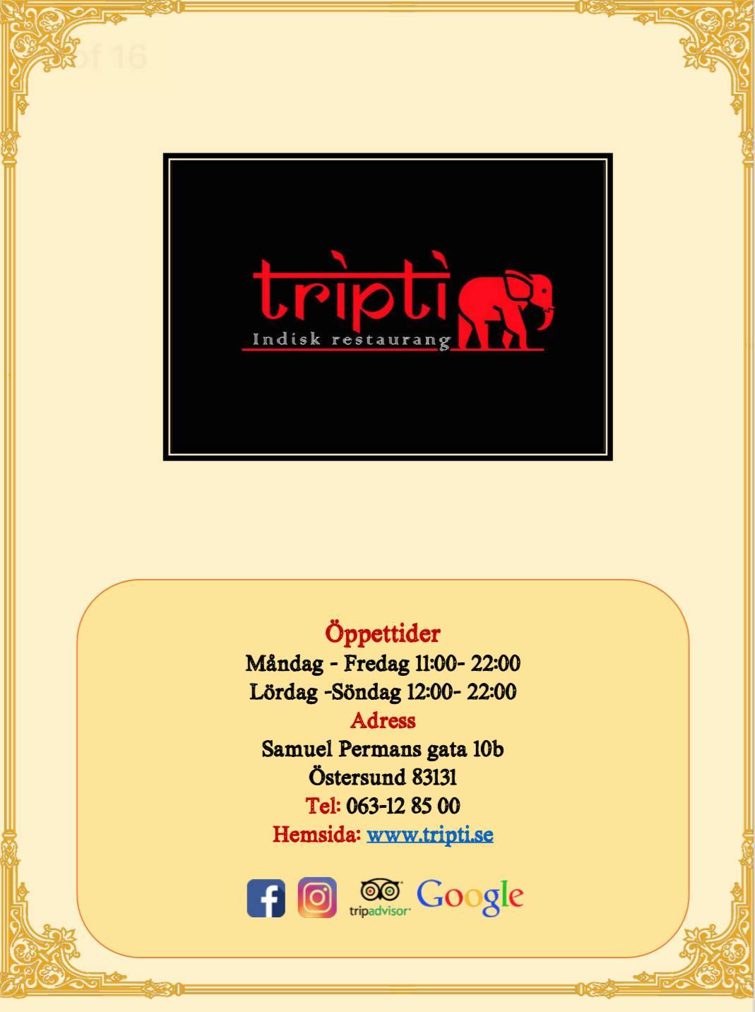 Tripti Indisk Restaurang меню