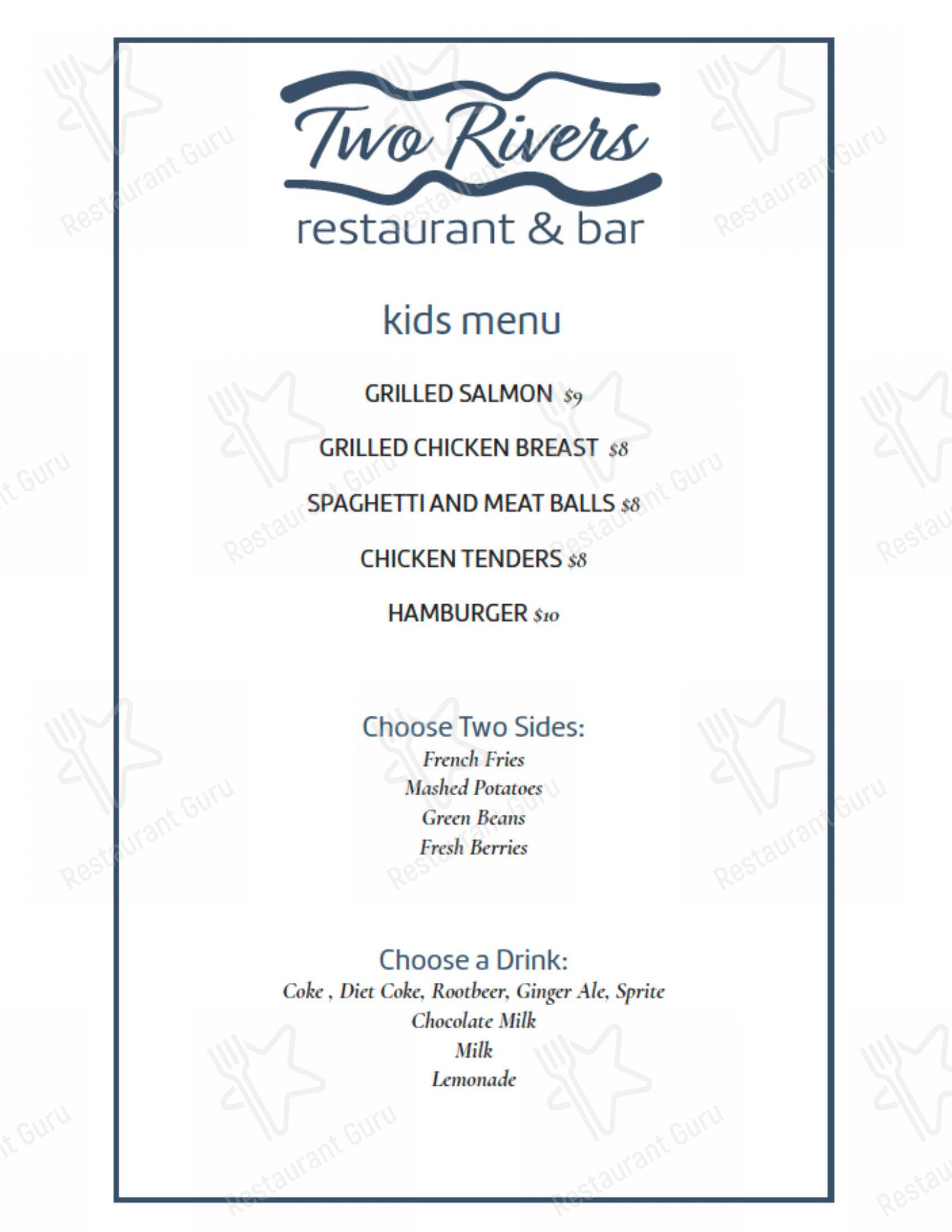 Dinner Menu ресторана Two Rivers Restaurant and Bar