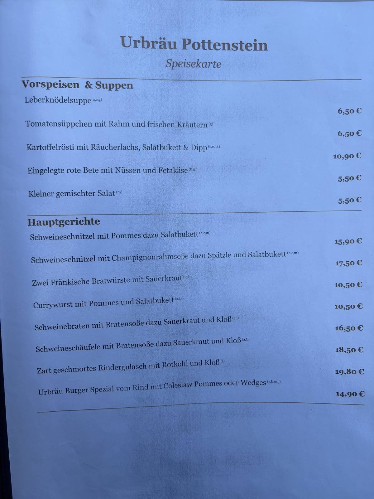 Urbräu Pottenstein меню