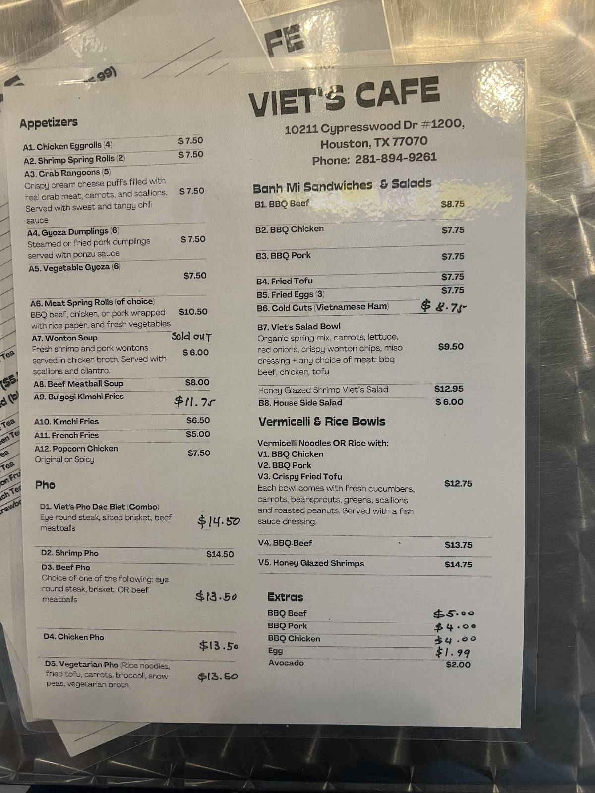 Viet's cafe меню
