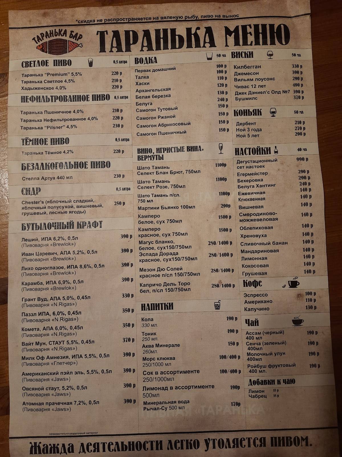 Таранька бар меню