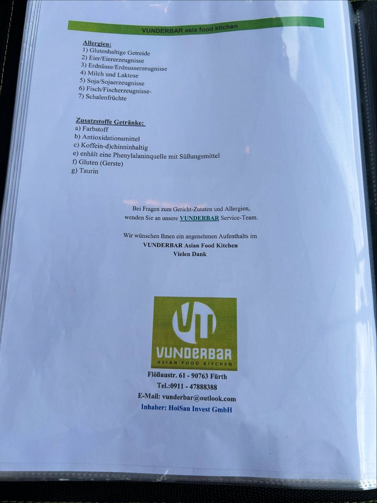 Vunderbar меню