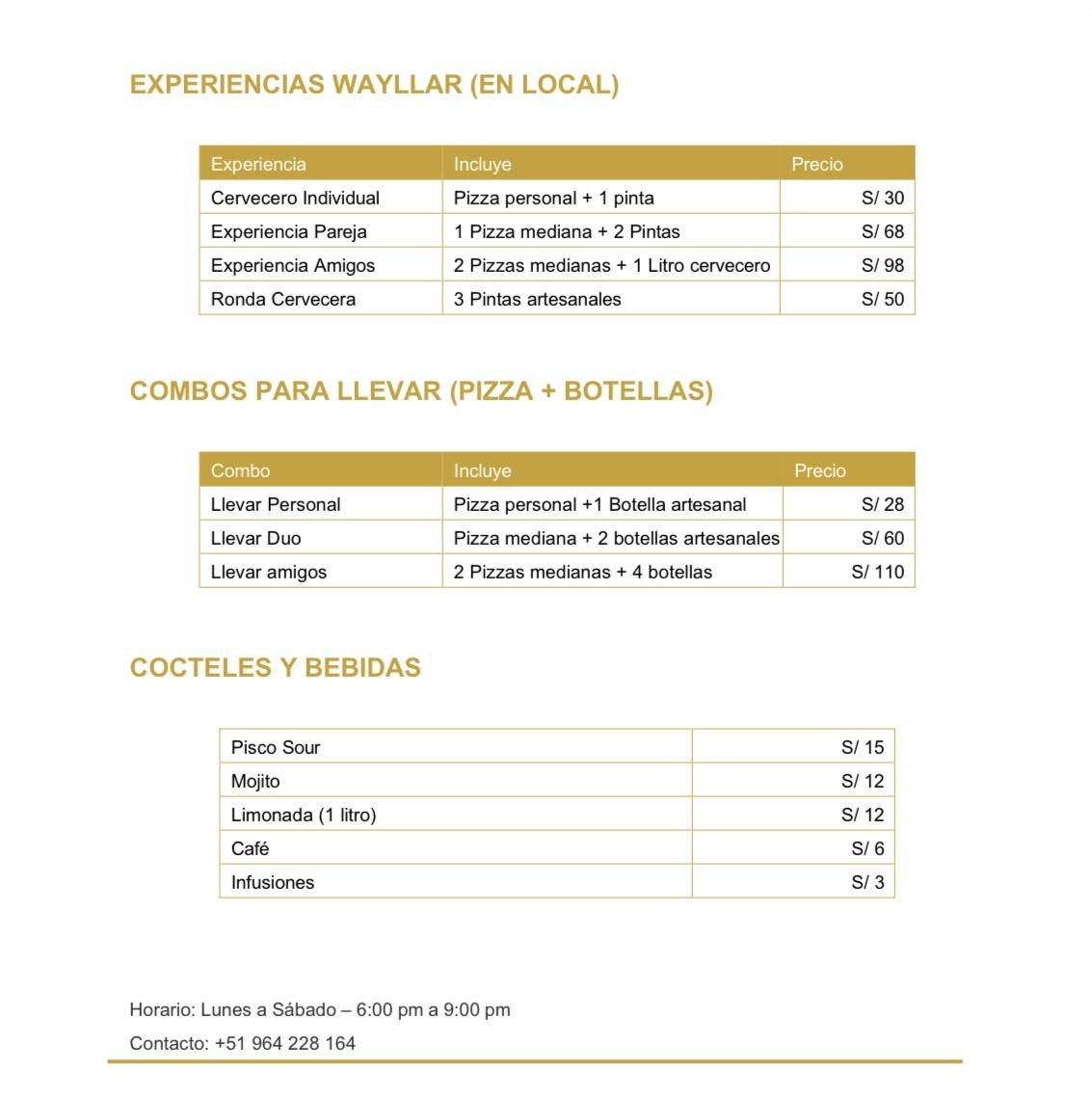 Wayllar-Pisac Brewery меню