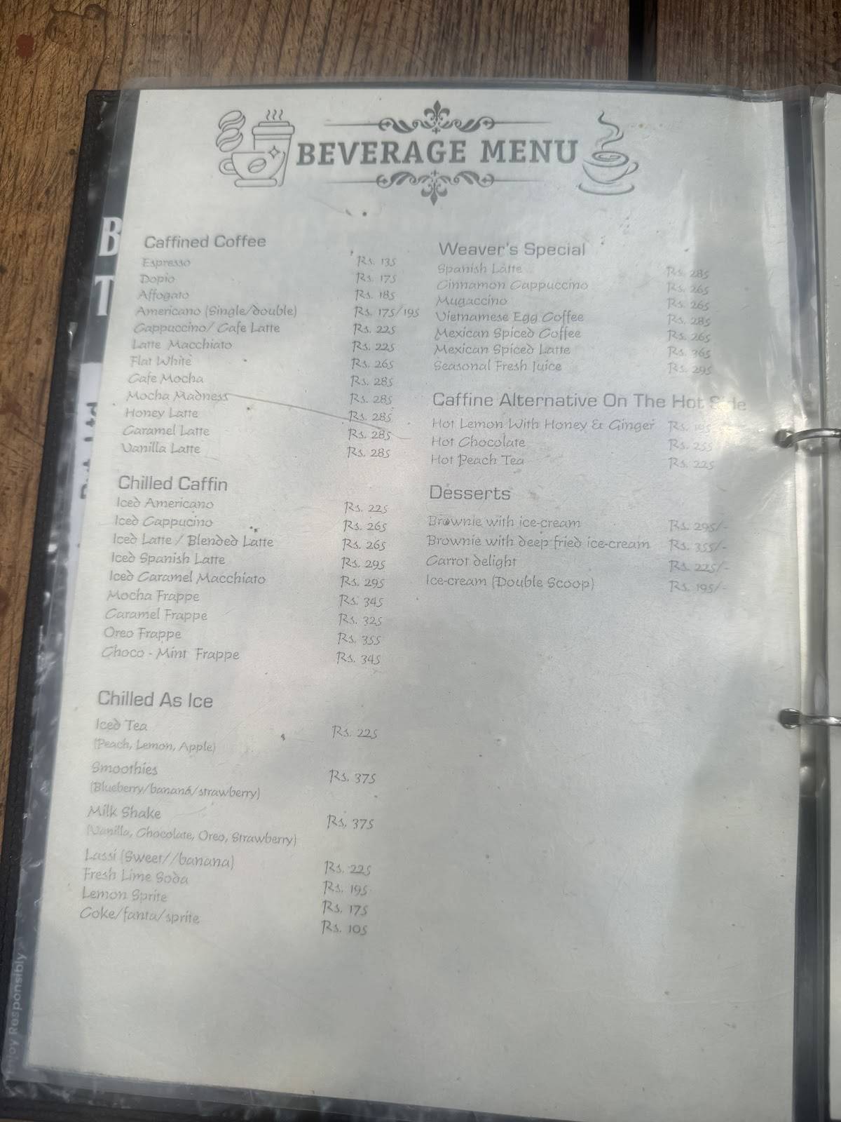 Weavers Inn меню