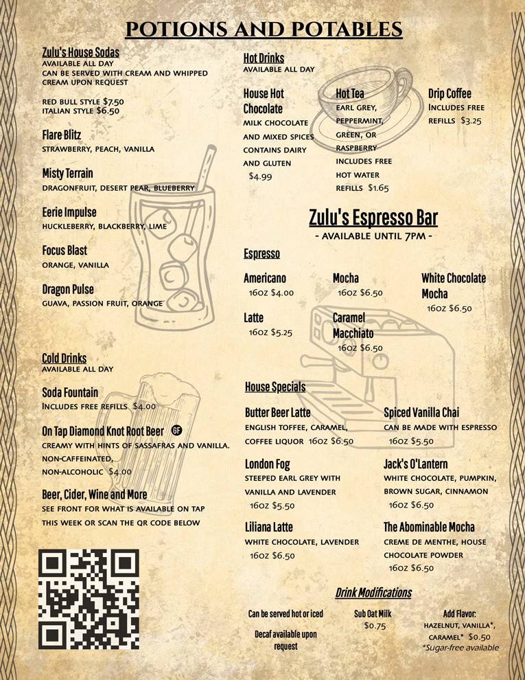 Zulu's Board Game Cafe меню