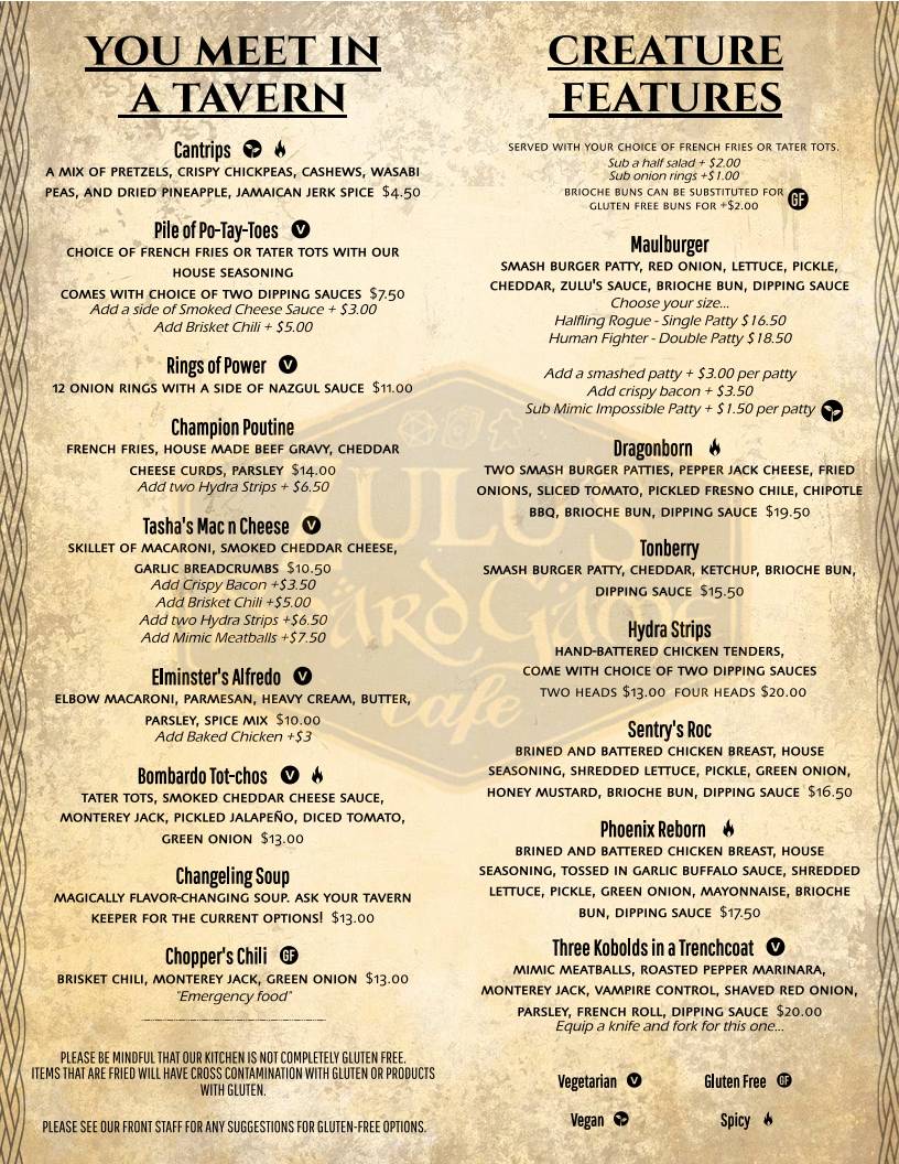 Zulu's Board Game Cafe меню