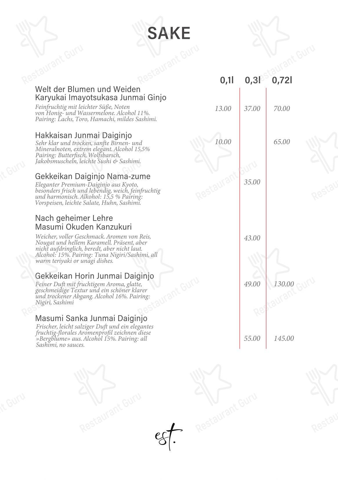 est. Japanese Restaurant в Берлине - Меню