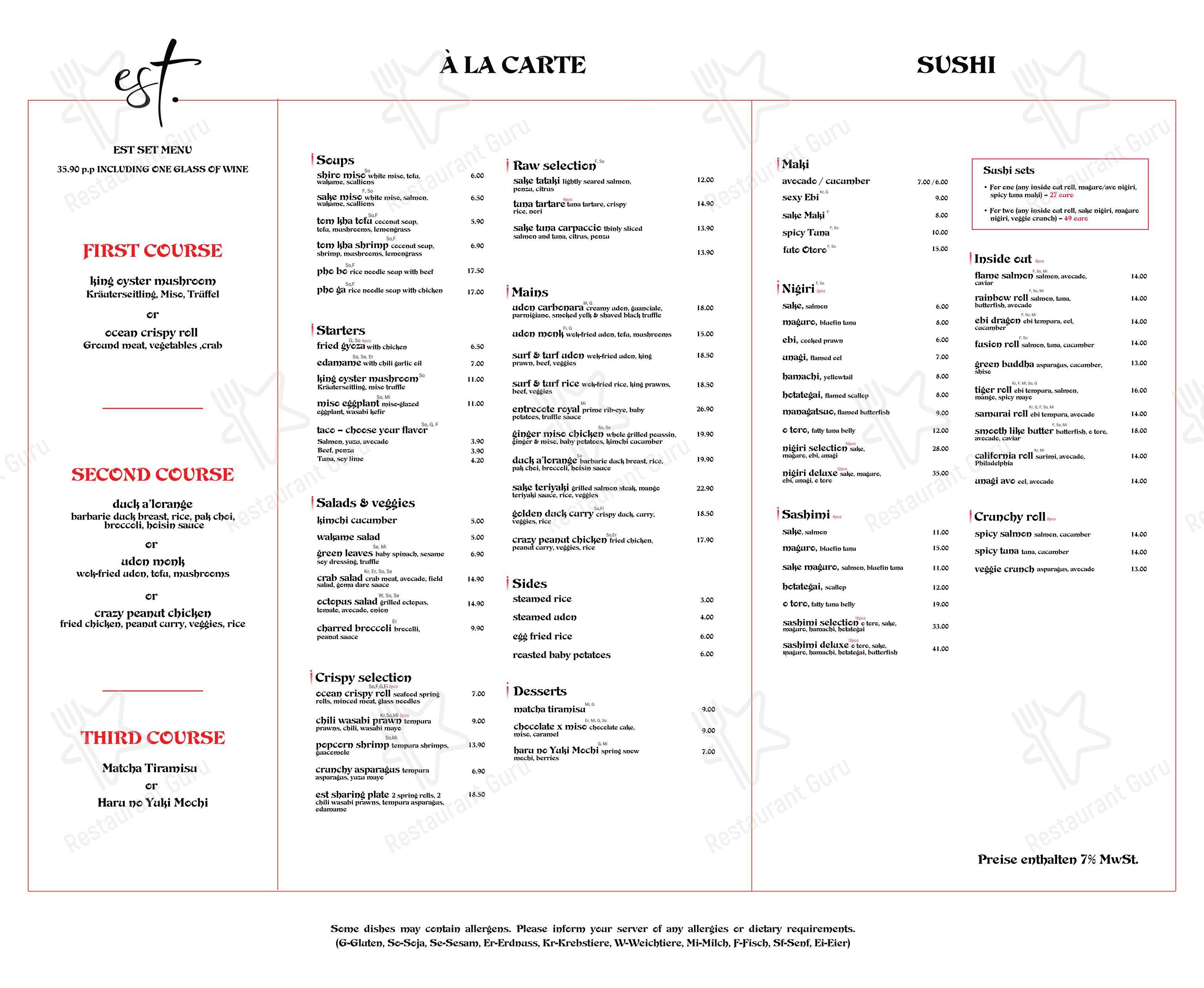菜单 ресторана est. Japanese Restaurant в Берлине