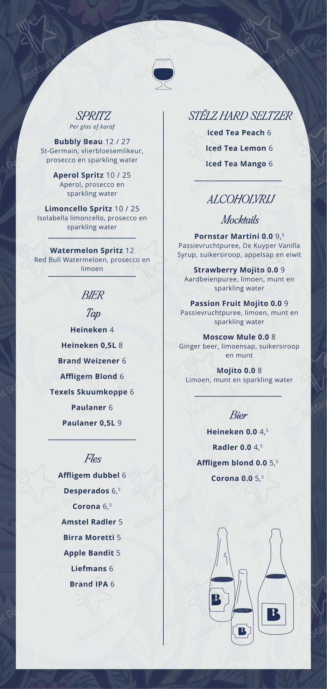 Меню напитков ресторана Beau Restobar в Роттердаме