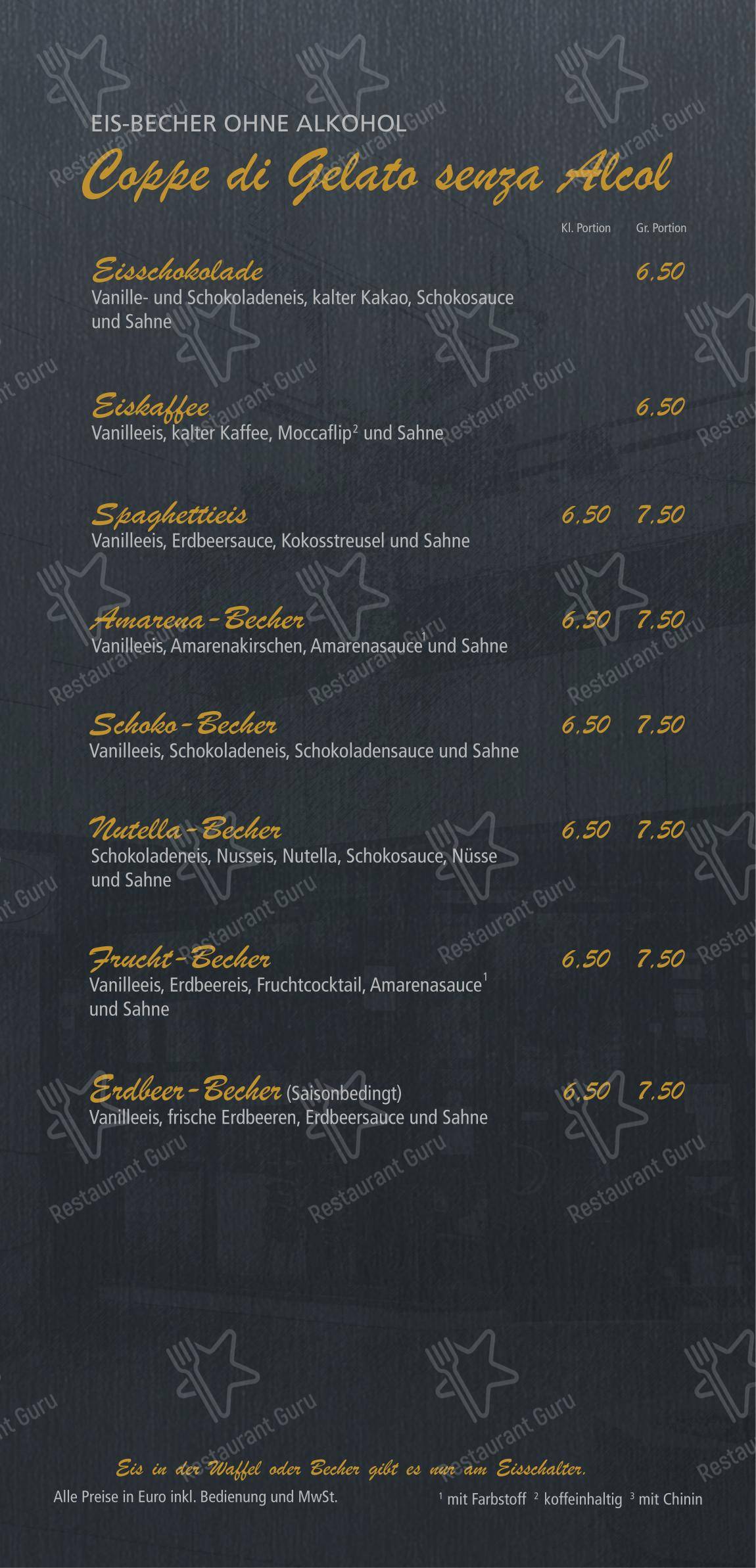 Меню кафе Eiscafé Riviera в Фирнхайме