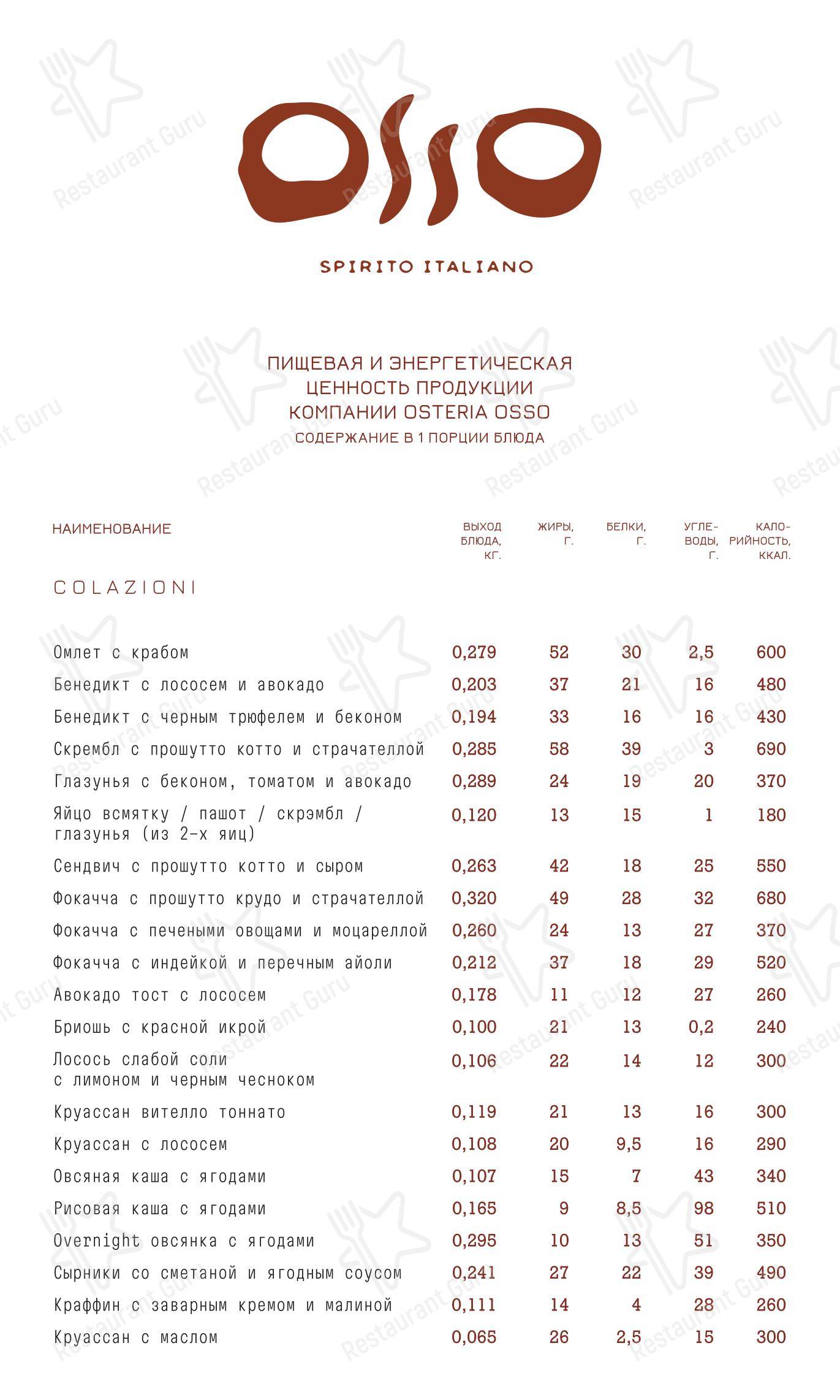 Lunch Menu ресторана Osso