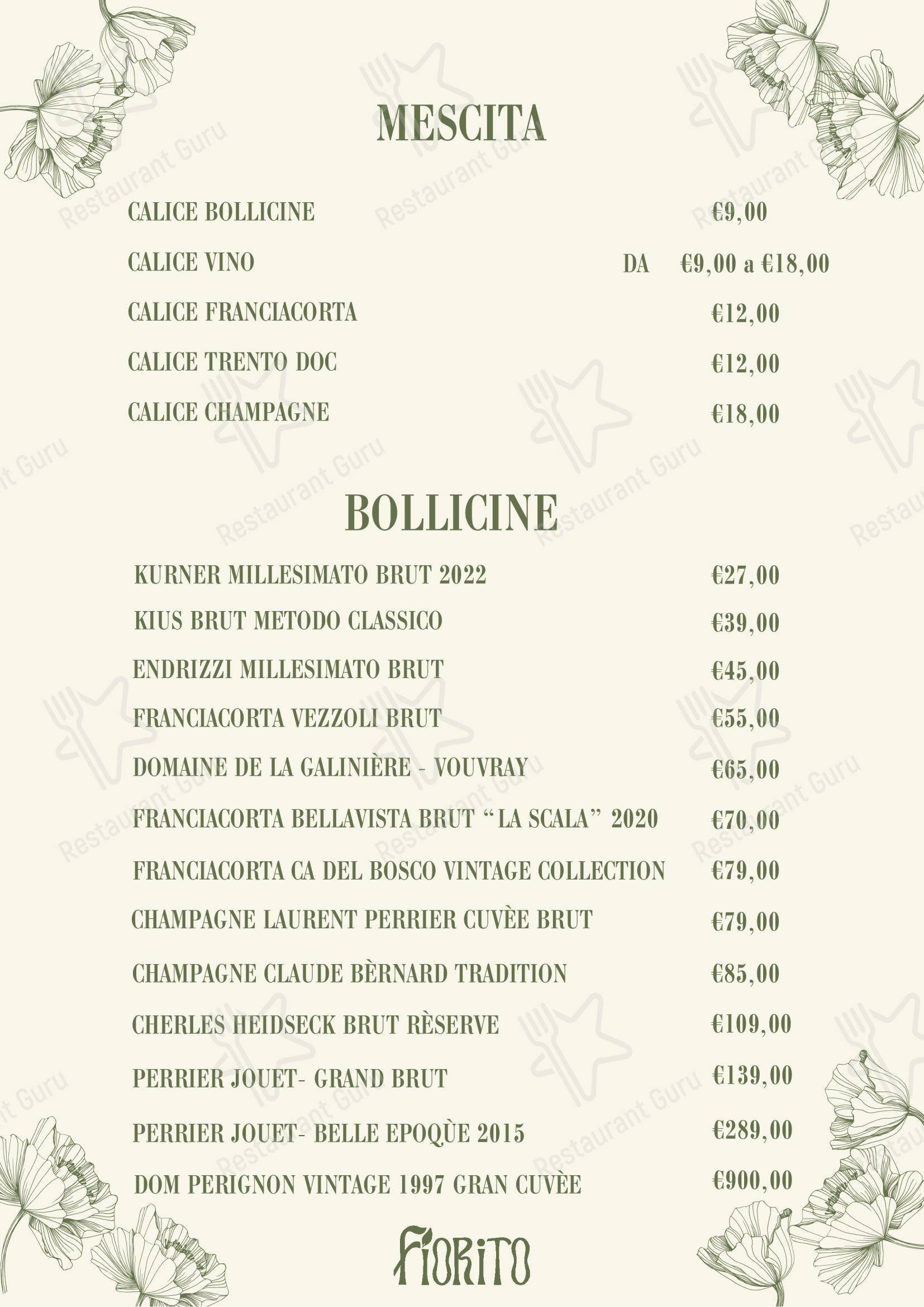 Меню ресторана Ristorante Fiorito - Dinner Menu