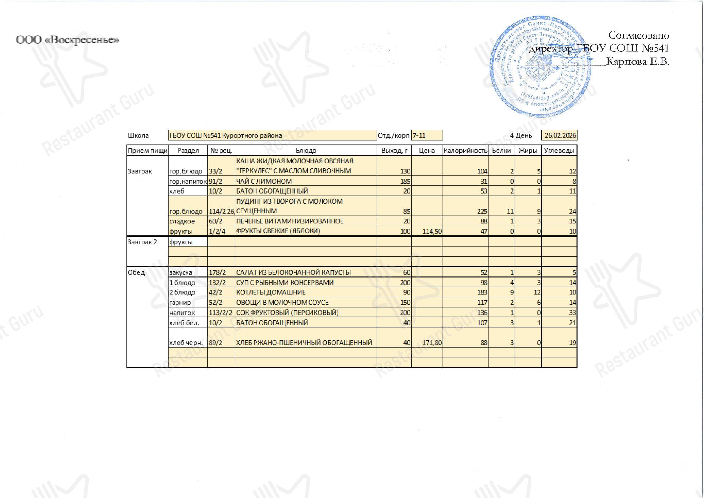 Столовая школы № 541 в Сестрорецке - Menu Current