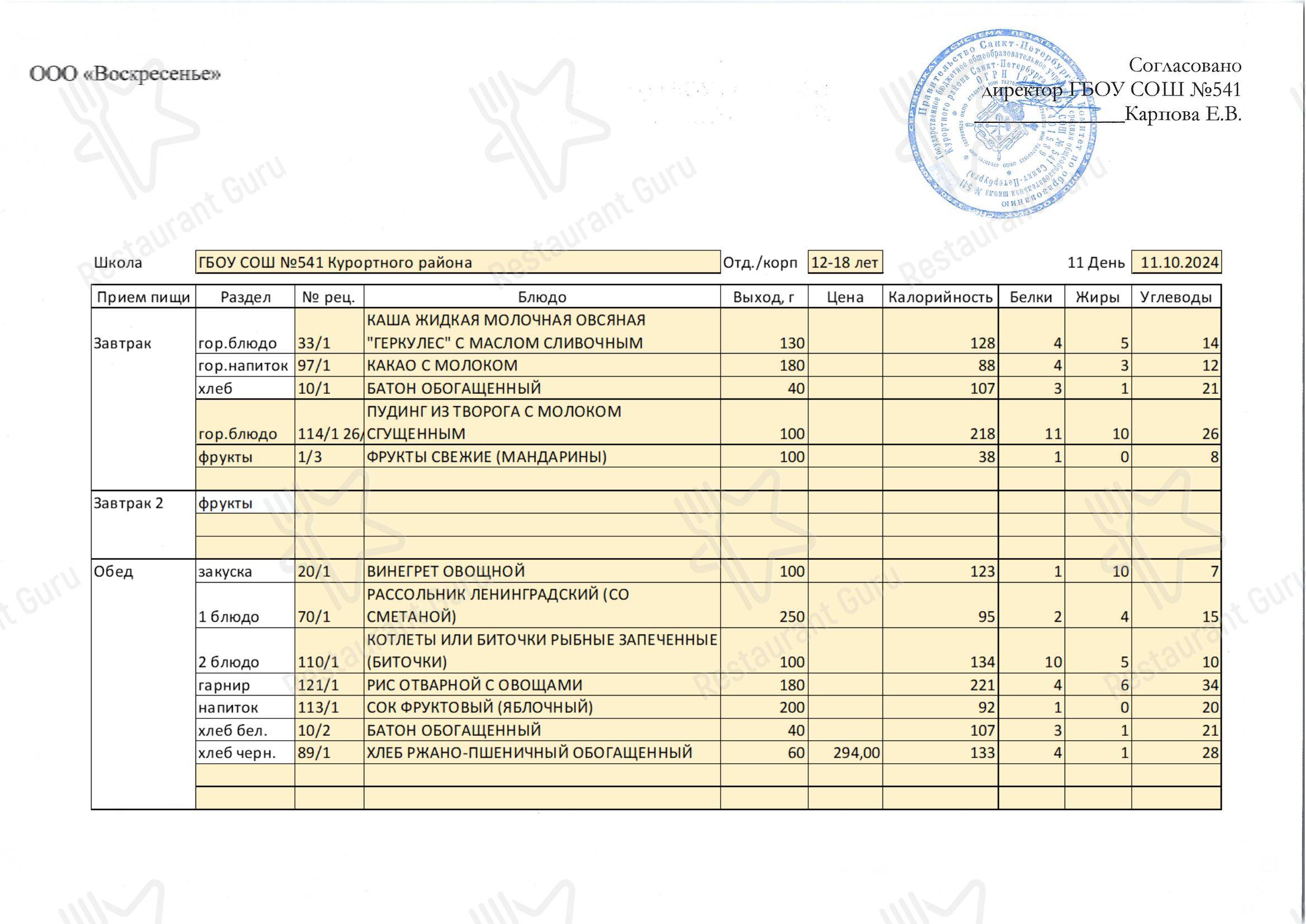 Menu View sit-in menu кафетерия Столовая школы № 541