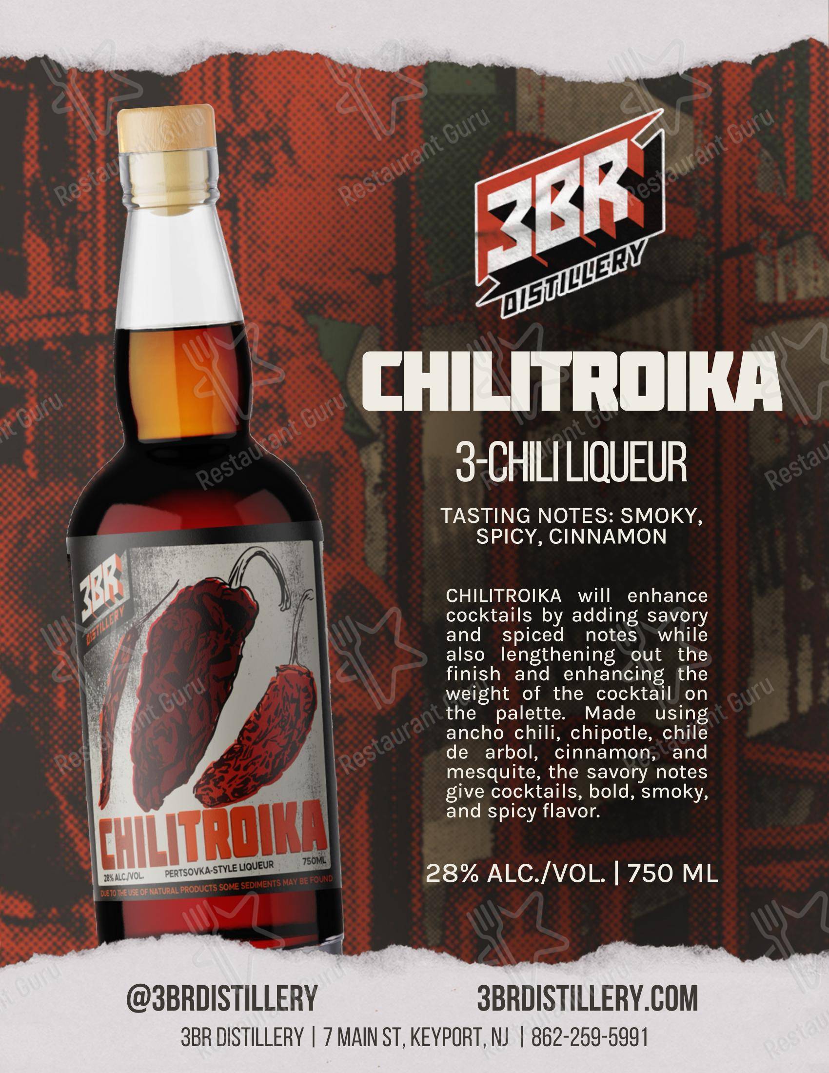 Меню напитков паба и бара 3BR Distillery в Кейпорте