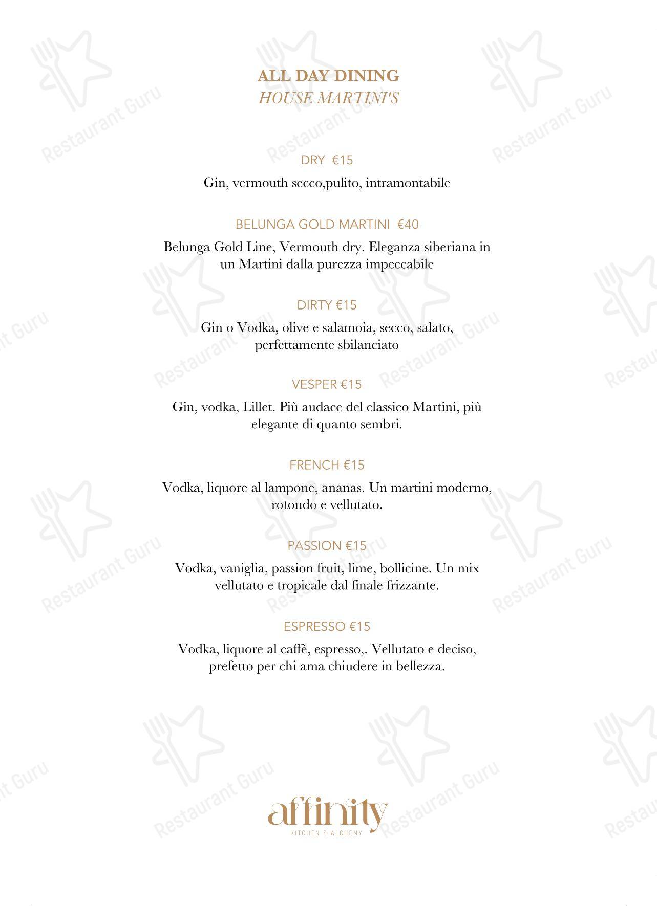 Основное меню ресторана Affinity Kitchen & Alchemy Restaurant