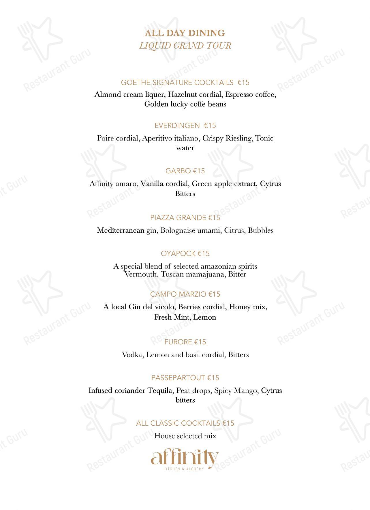 Affinity Kitchen & Alchemy Restaurant в Риме - Основное меню