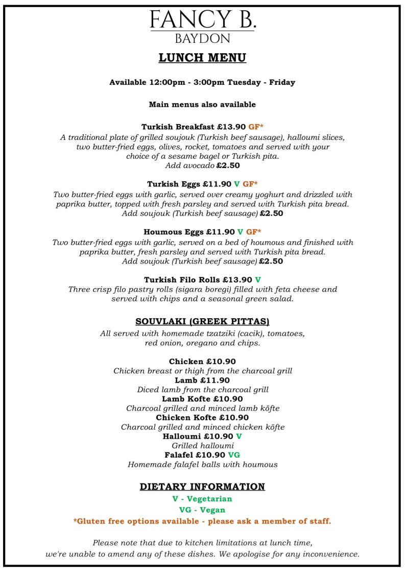 Fancy B. Turkish Restaurant & Pub меню