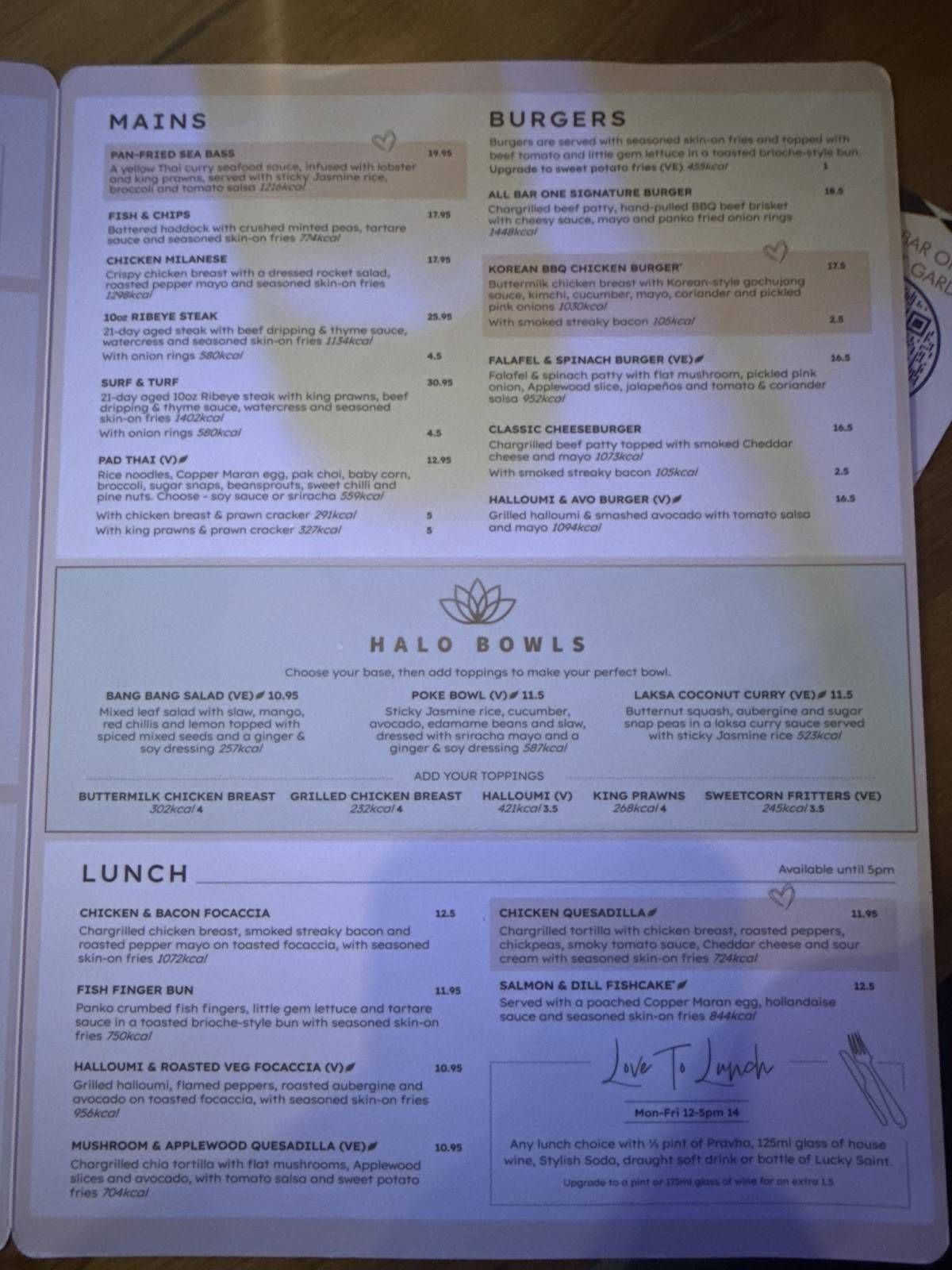 All Bar One Covent Garden меню