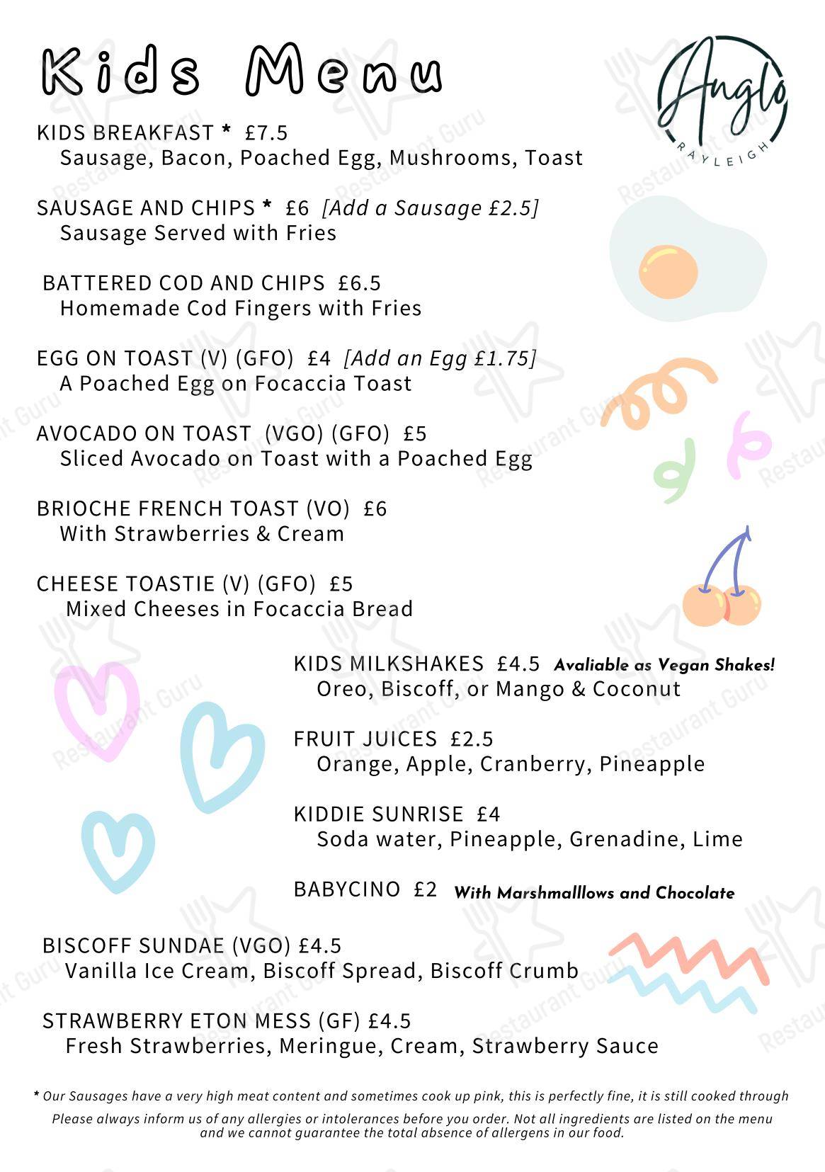 Меню ресторана Anglo - Takeaway Menu