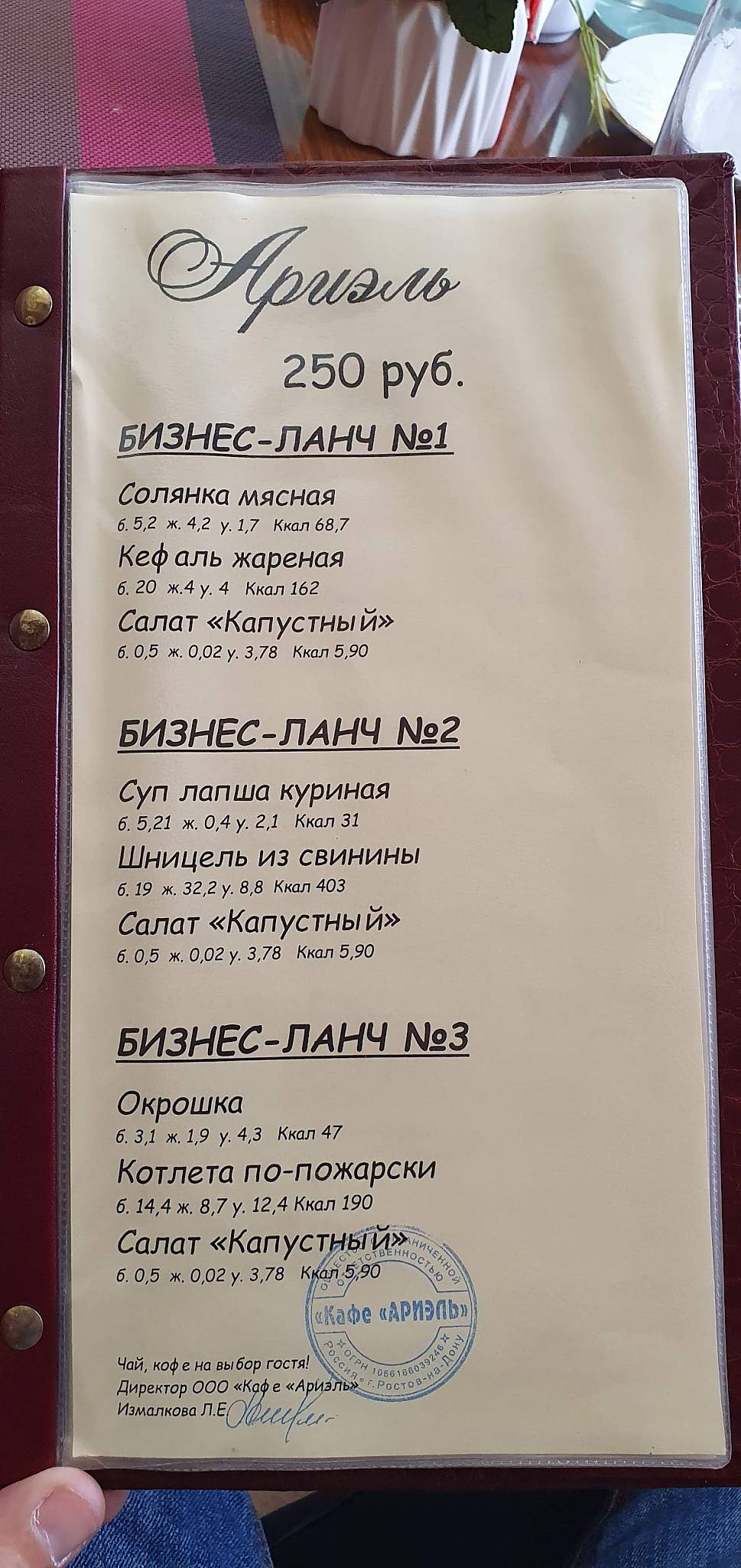 Ариэль меню