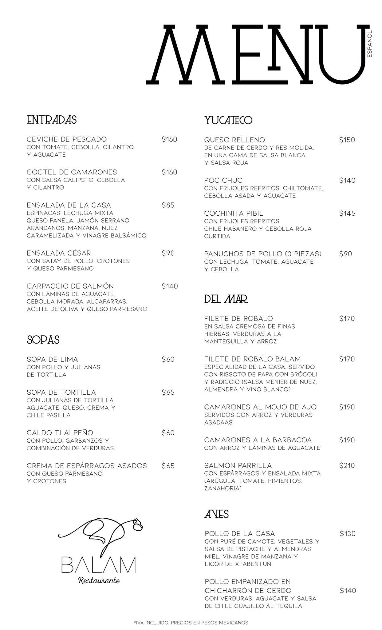 BALAM Bar - Restaurante меню