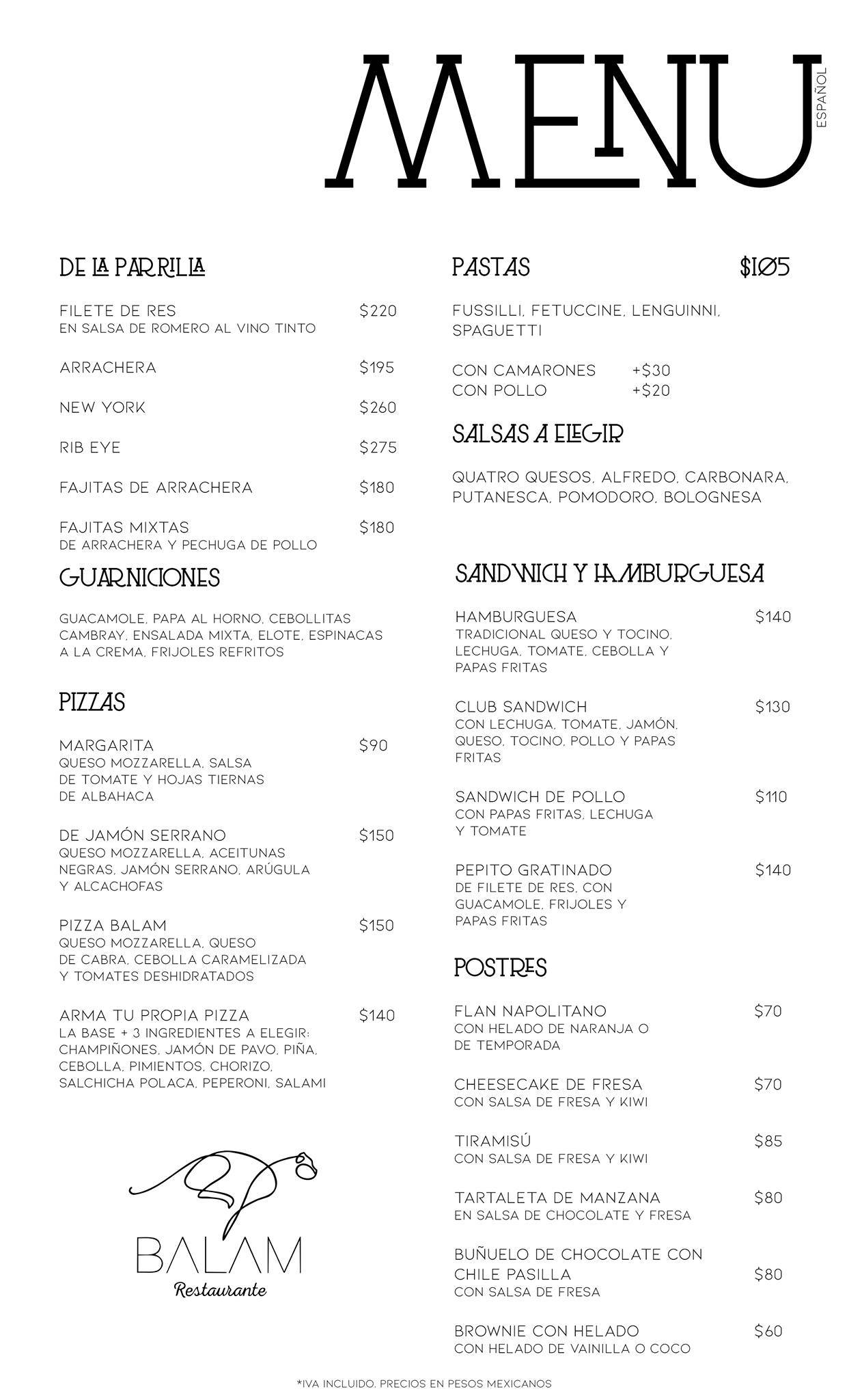 BALAM Bar - Restaurante меню