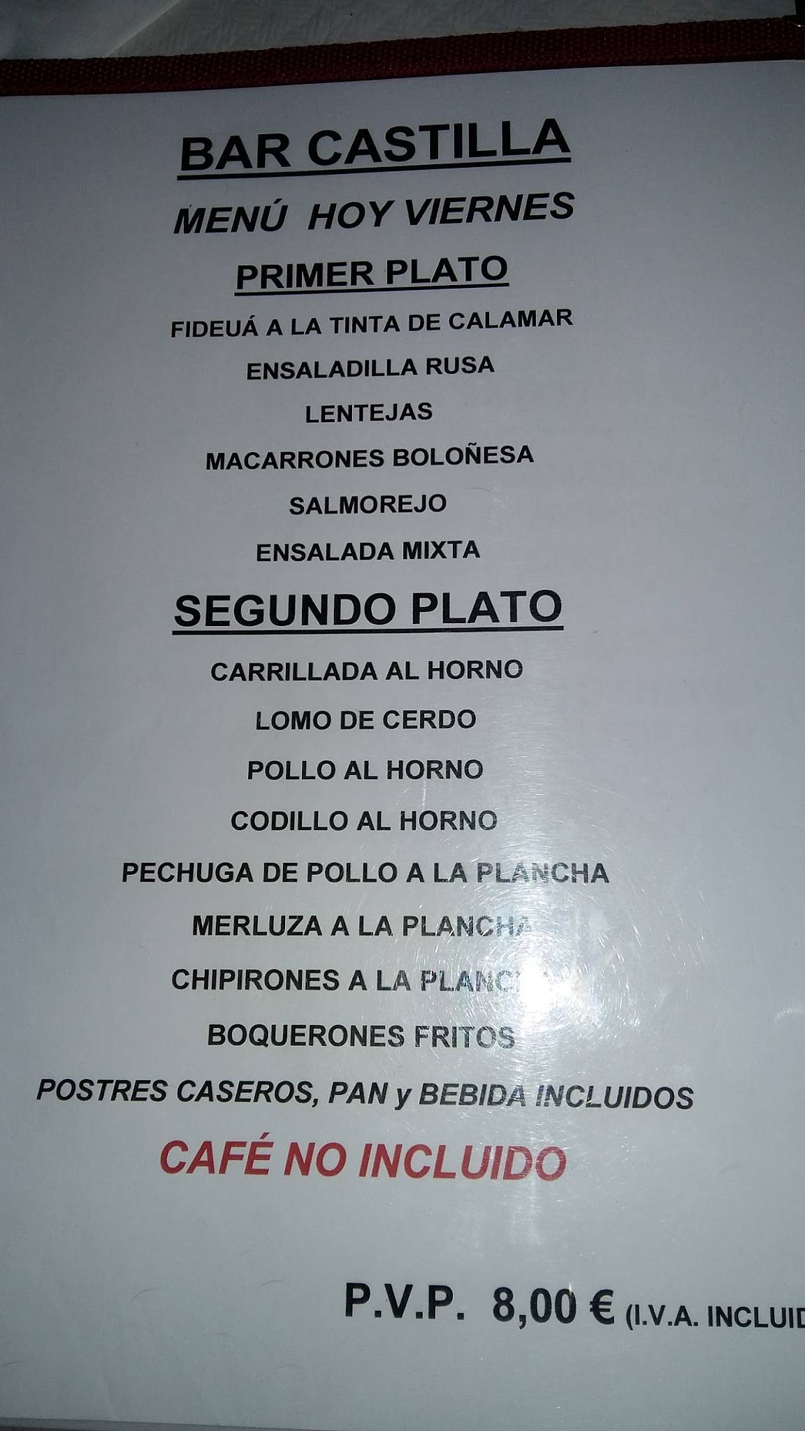 Bar Castilla меню