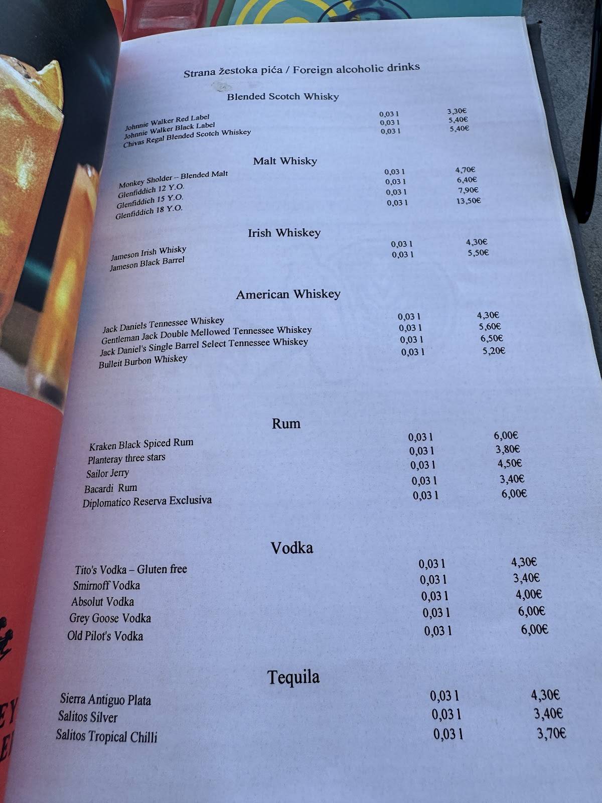 Beach bar "Rišpet" меню