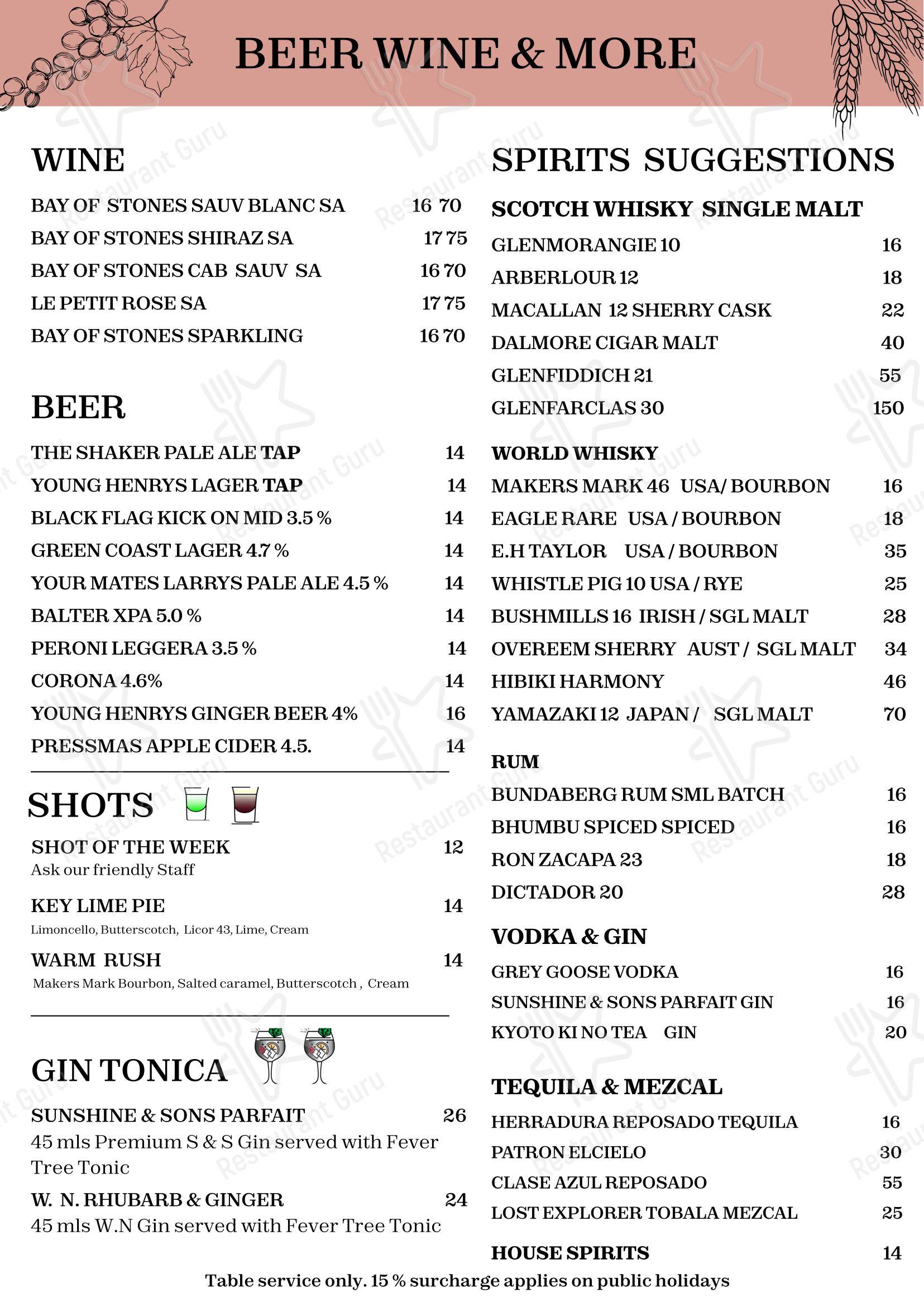 Меню напитков паба и бара Boston Shaker Bar