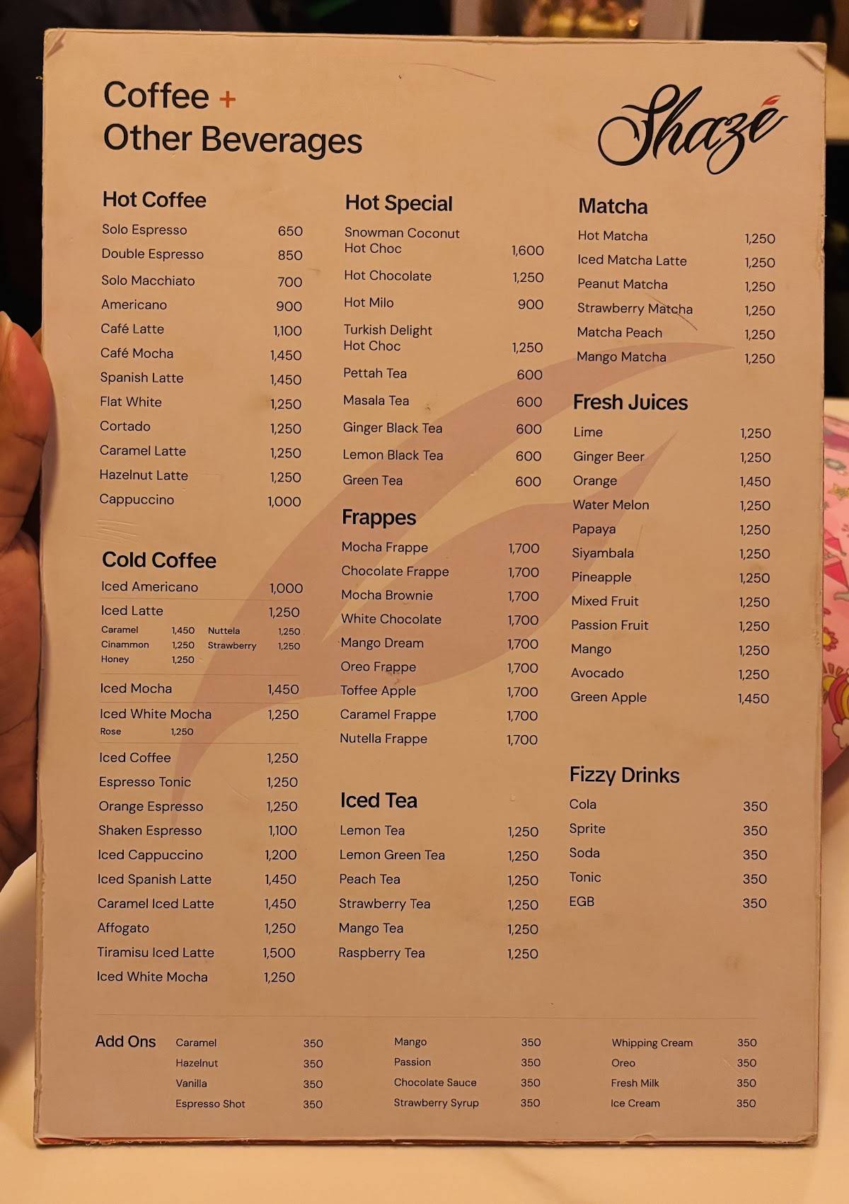 Cafe Shaze меню