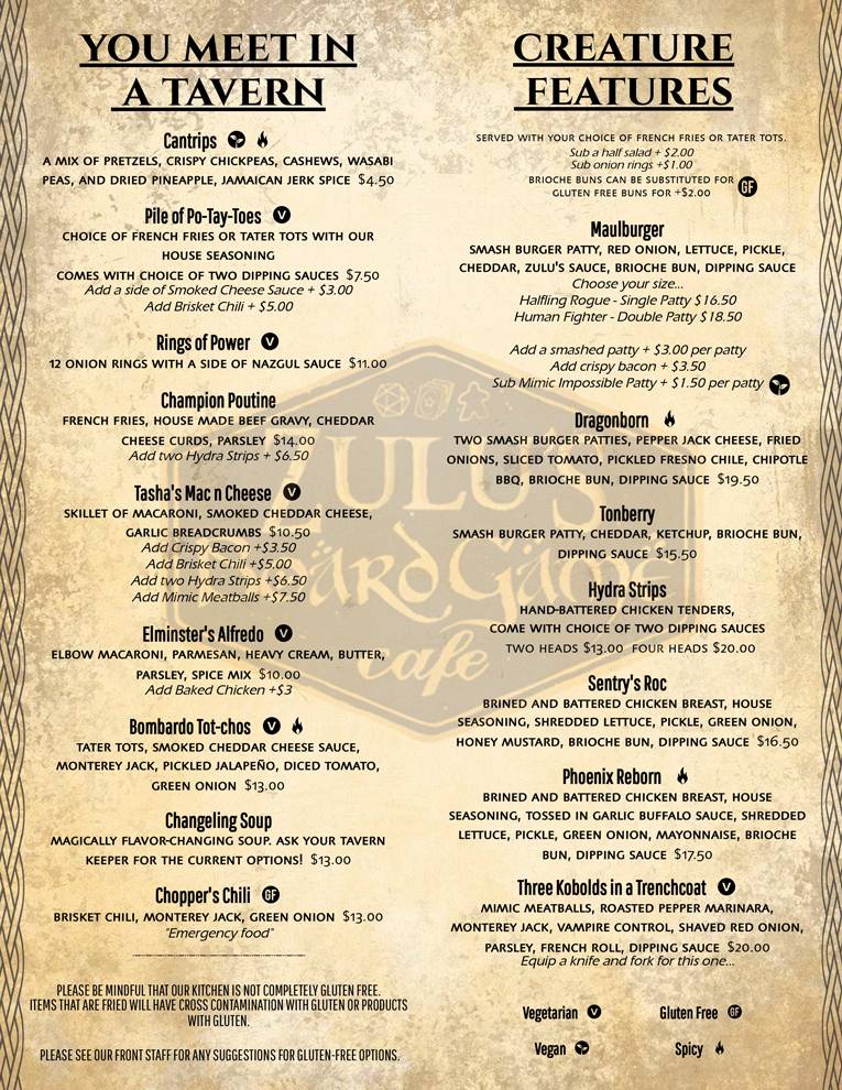 Zulu's Board Game Cafe меню