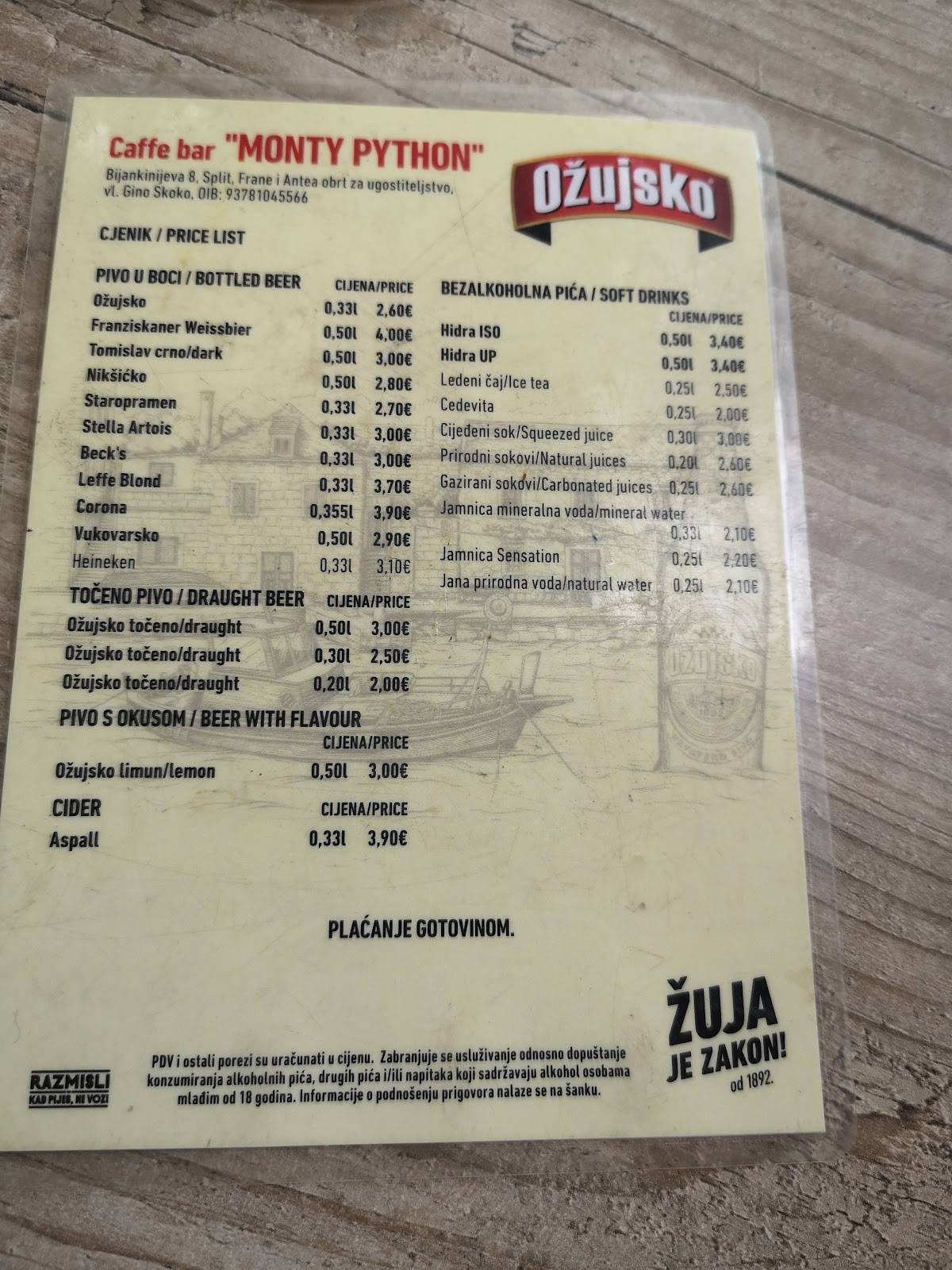 Caffe Bar Monty Python меню