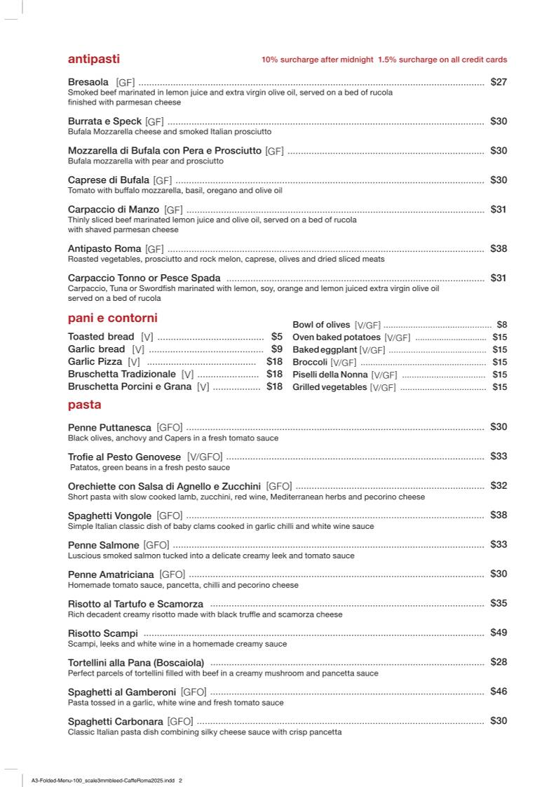 Caffè Roma меню