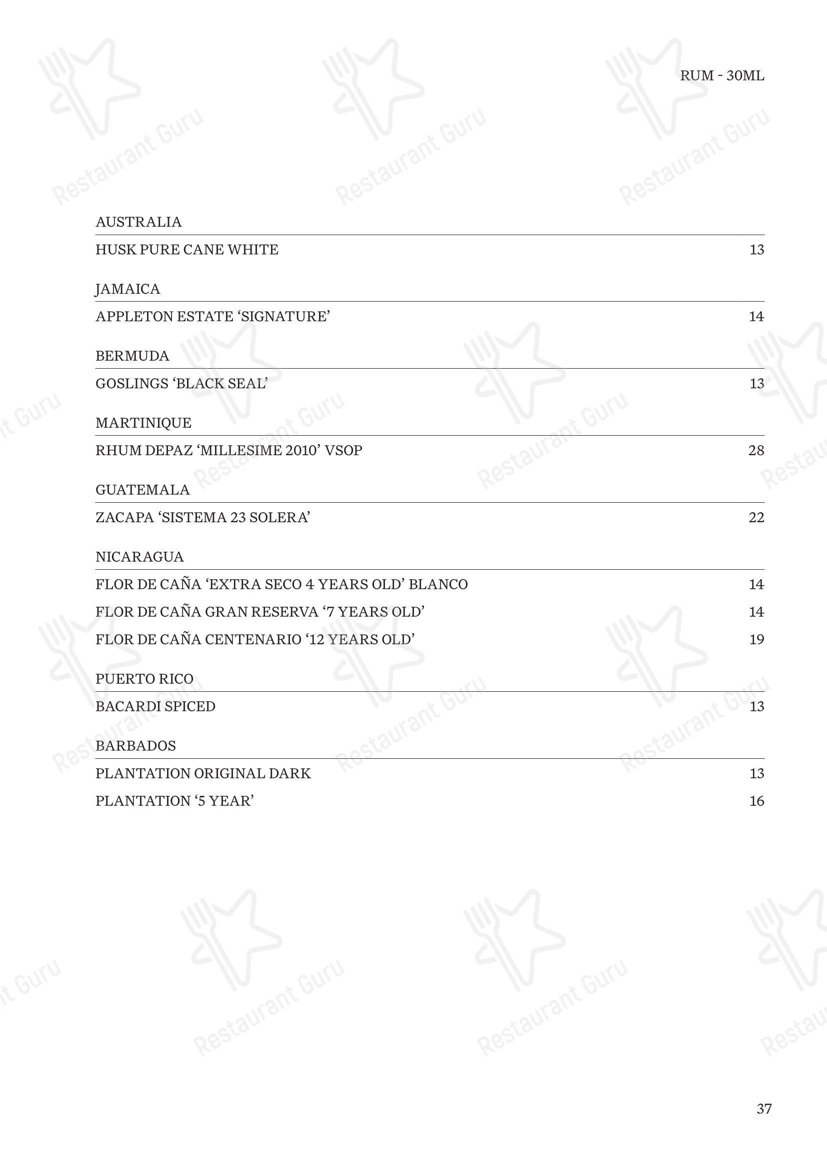 Меню паба и бара Canopy Bar - Меню напитков