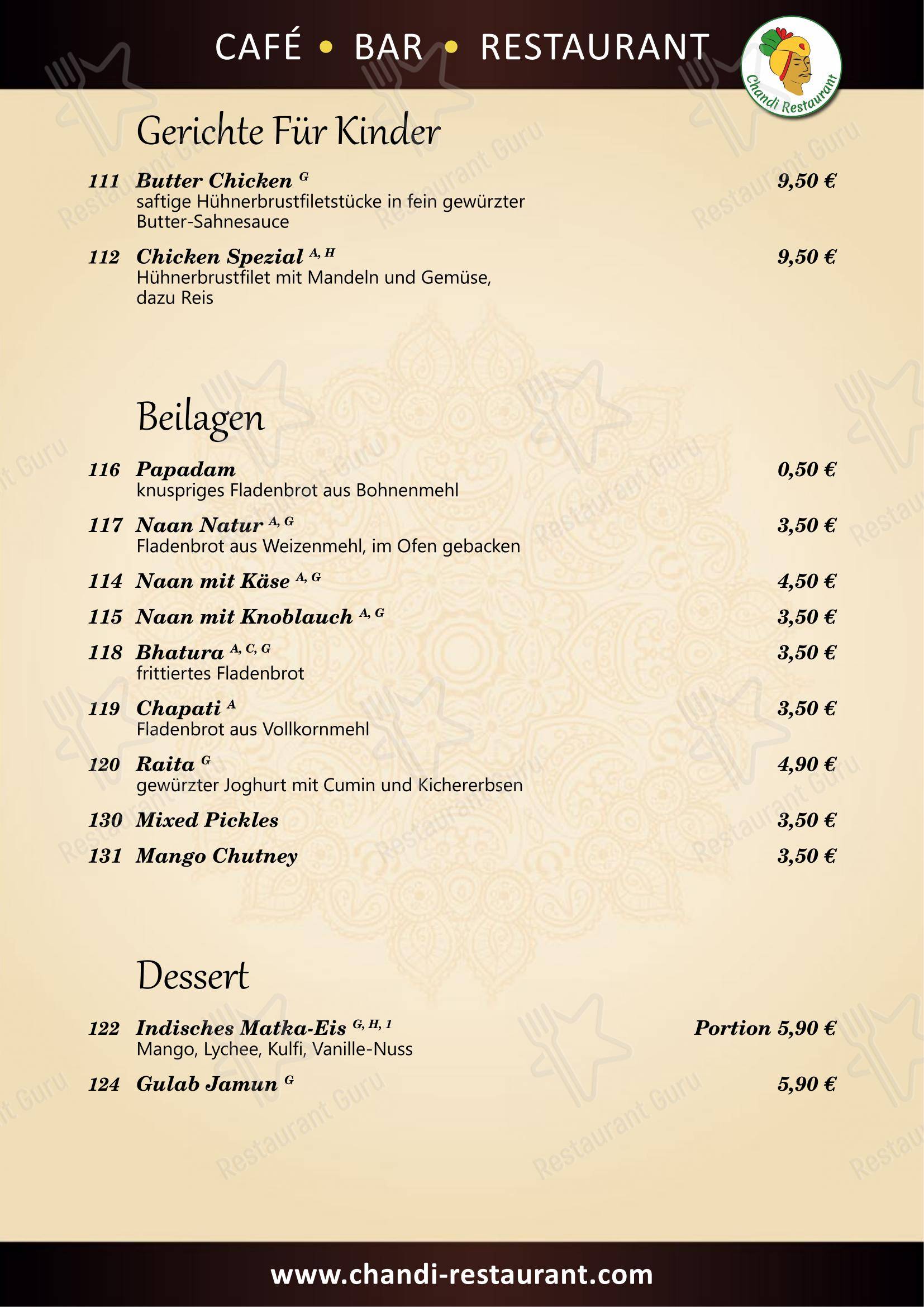 菜单 ресторана Chandi indisches Restaurant в Берлине