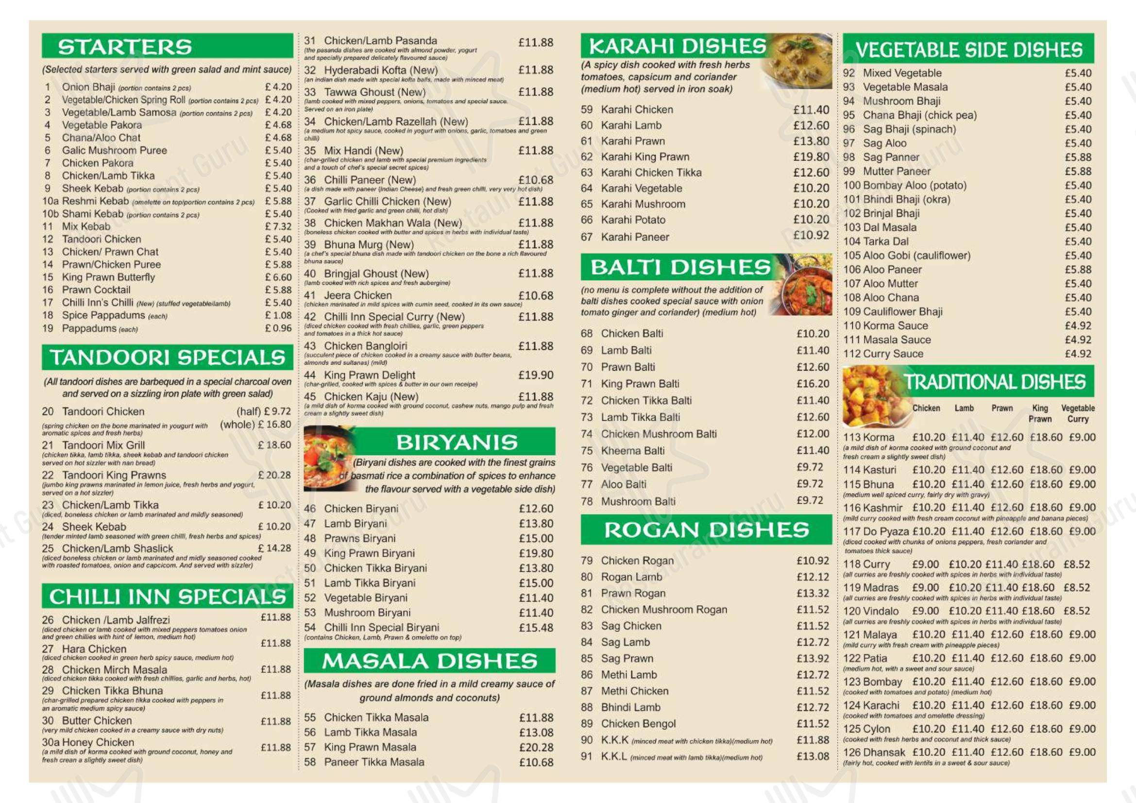 Chilli Inn в Бристоле - Меню
