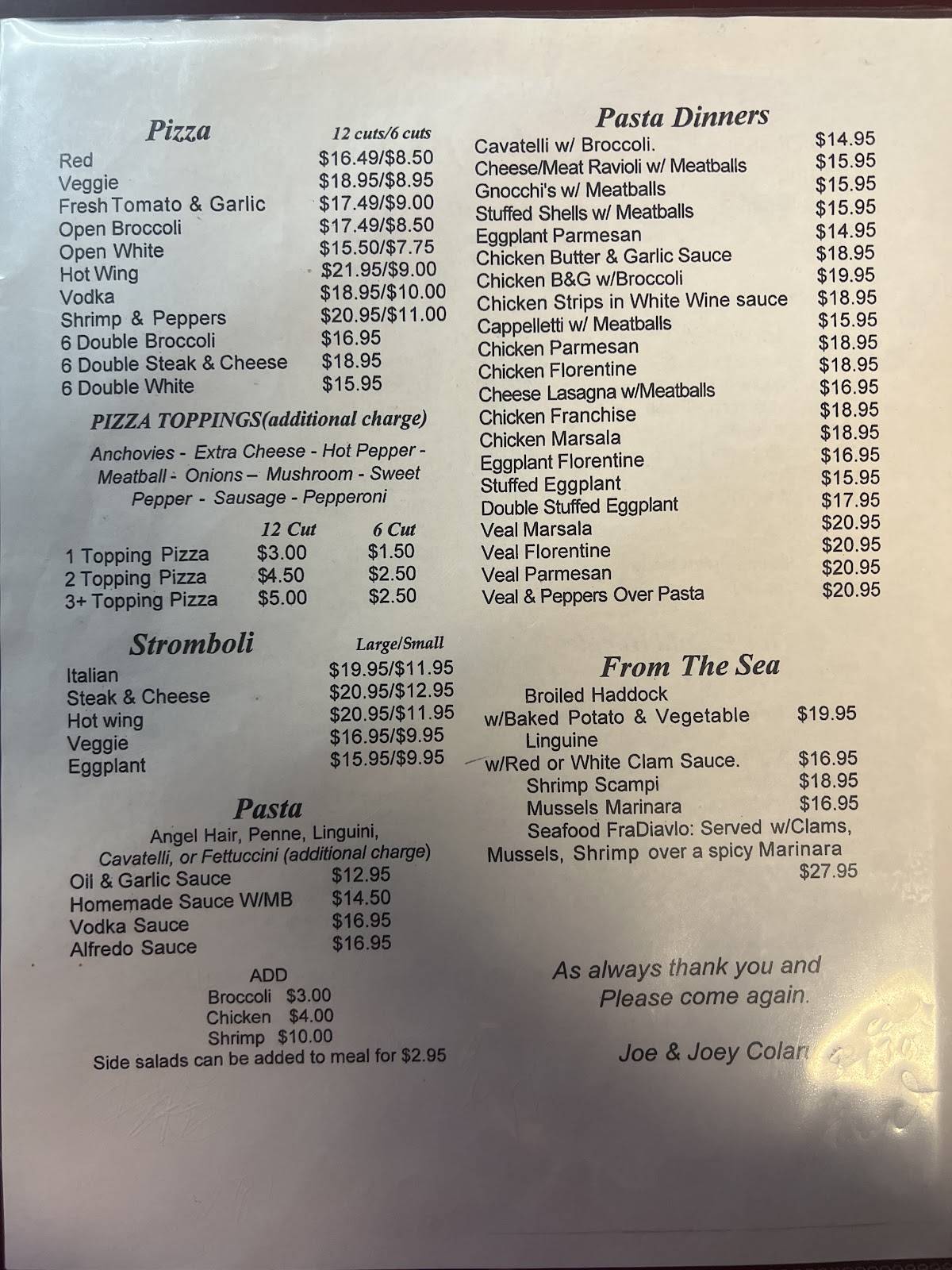 Colarusso's Cafe меню