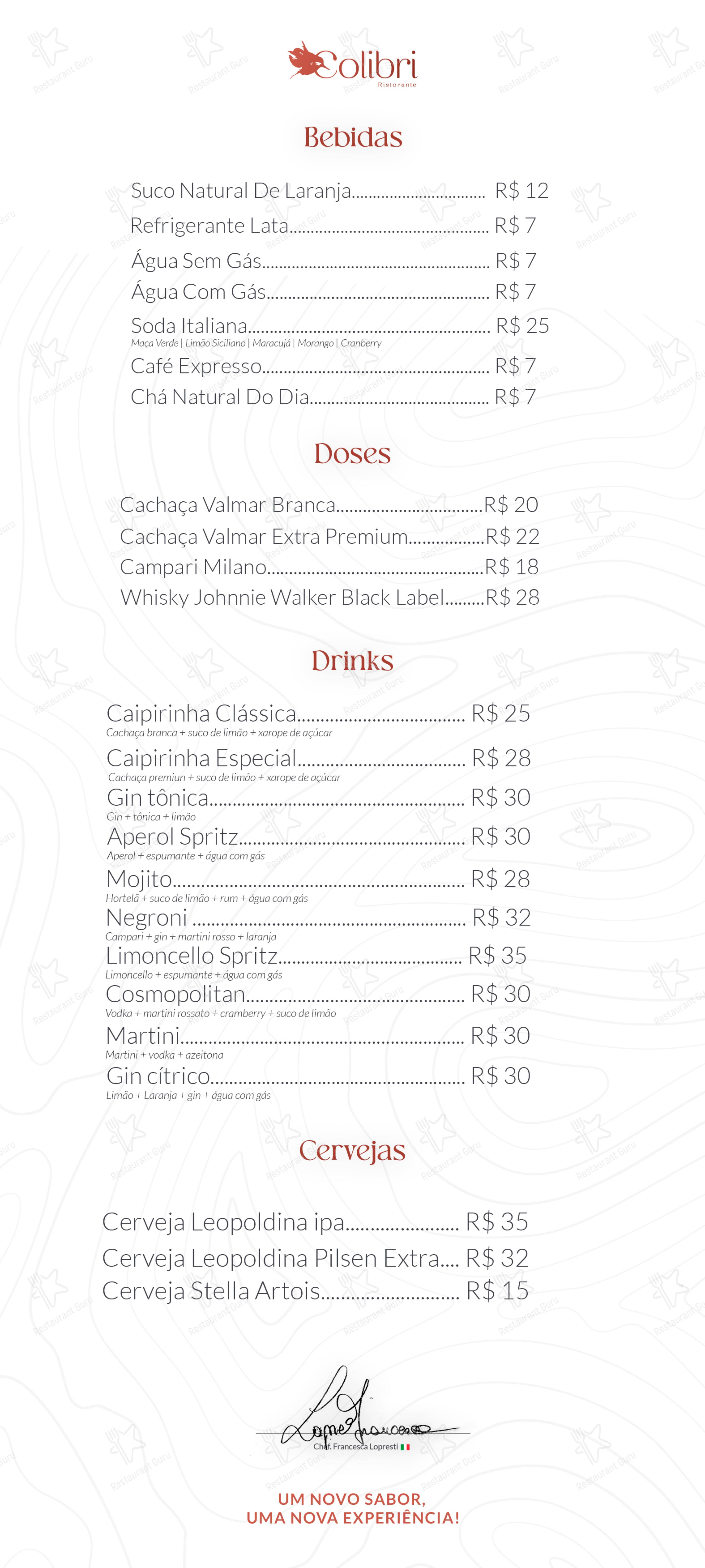 Меню ресторана Colibri Ristorante - Основное меню