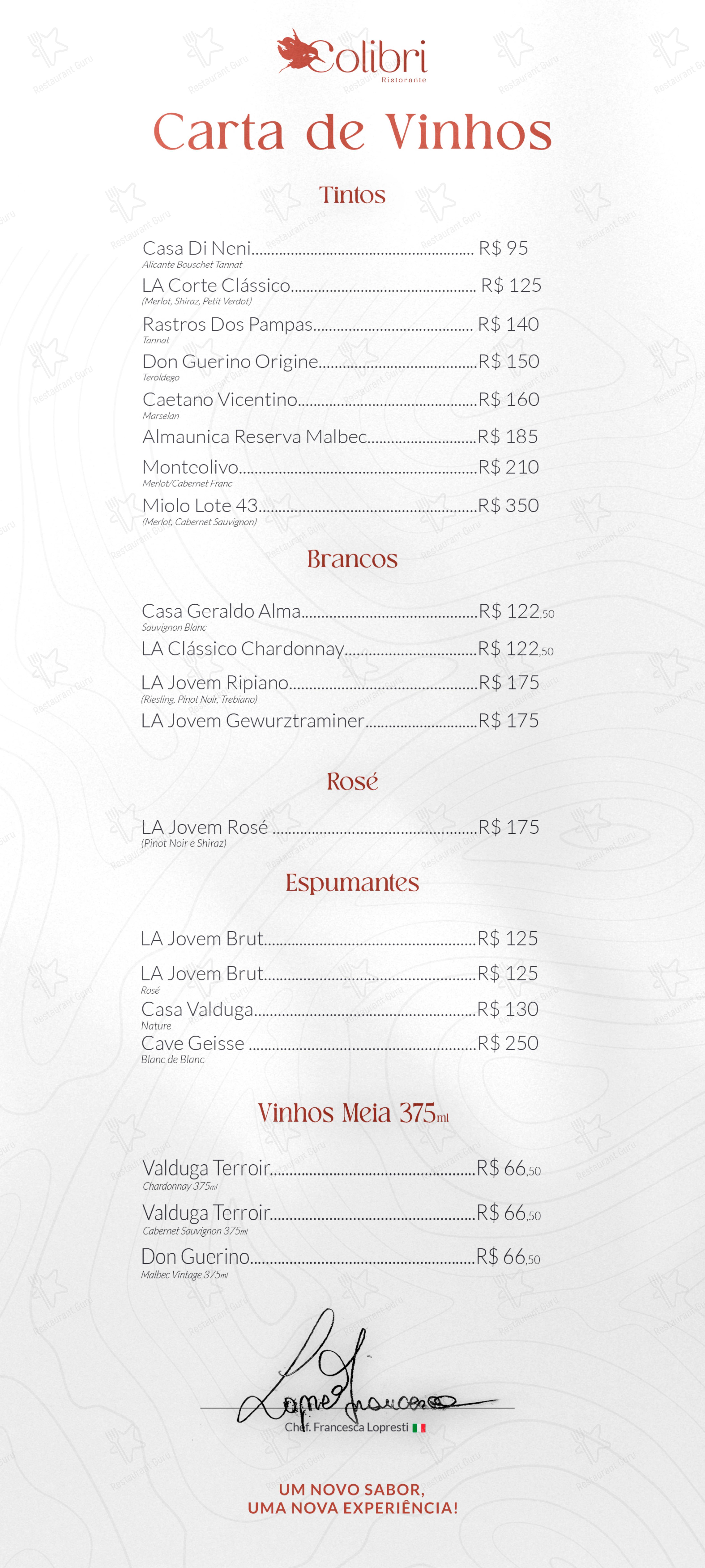 菜单 ресторана Colibri Ristorante