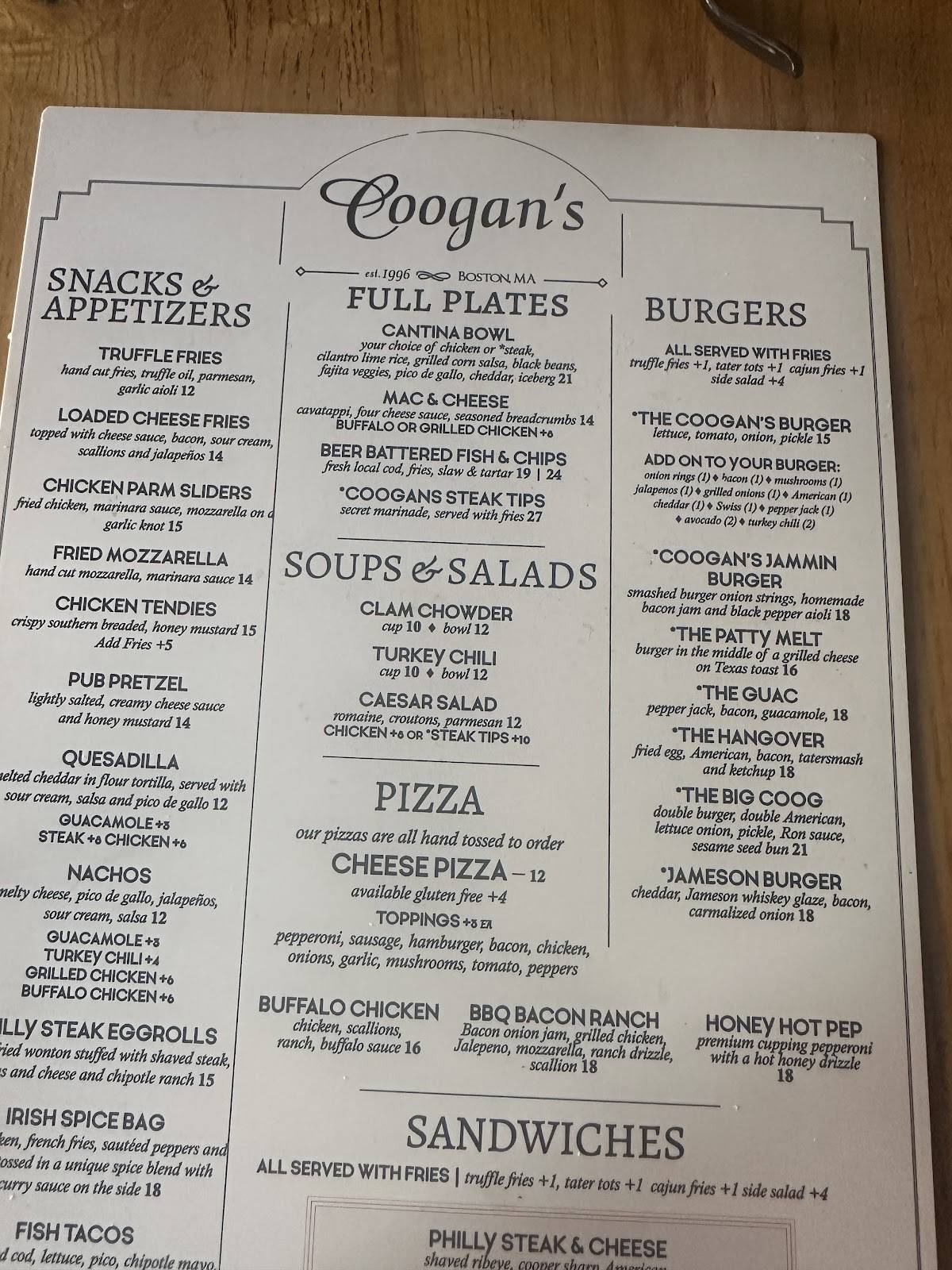 Coogan's меню