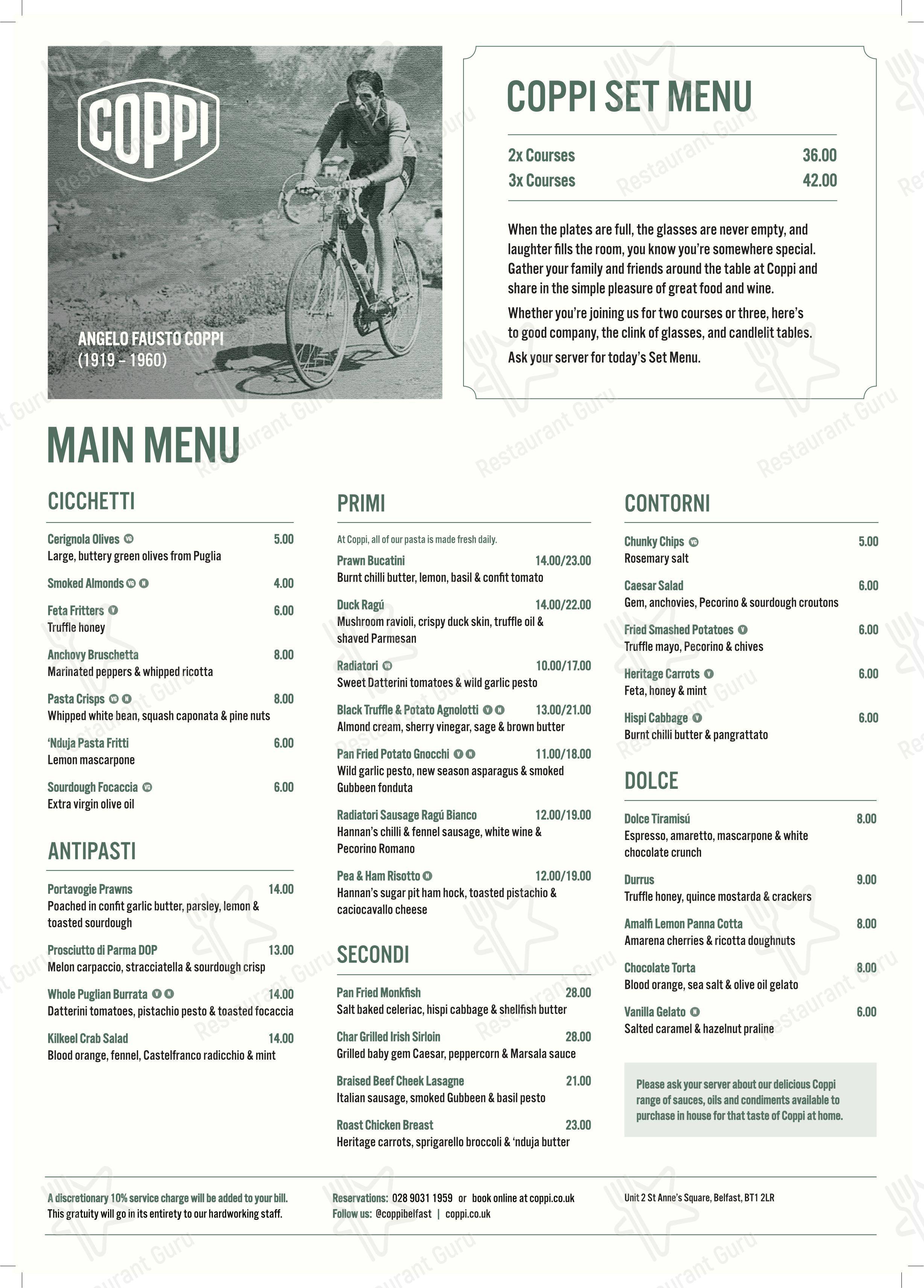Меню напитков ресторана Coppi Restaurant в Белфасте