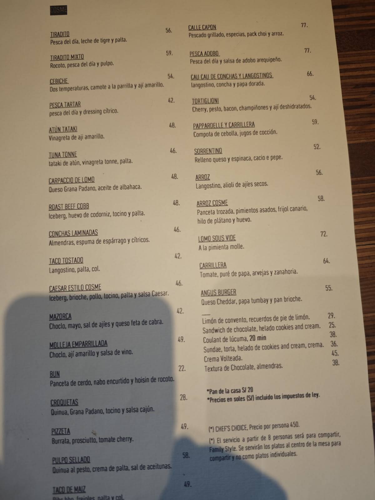 Cosme Restaurante y Bar меню