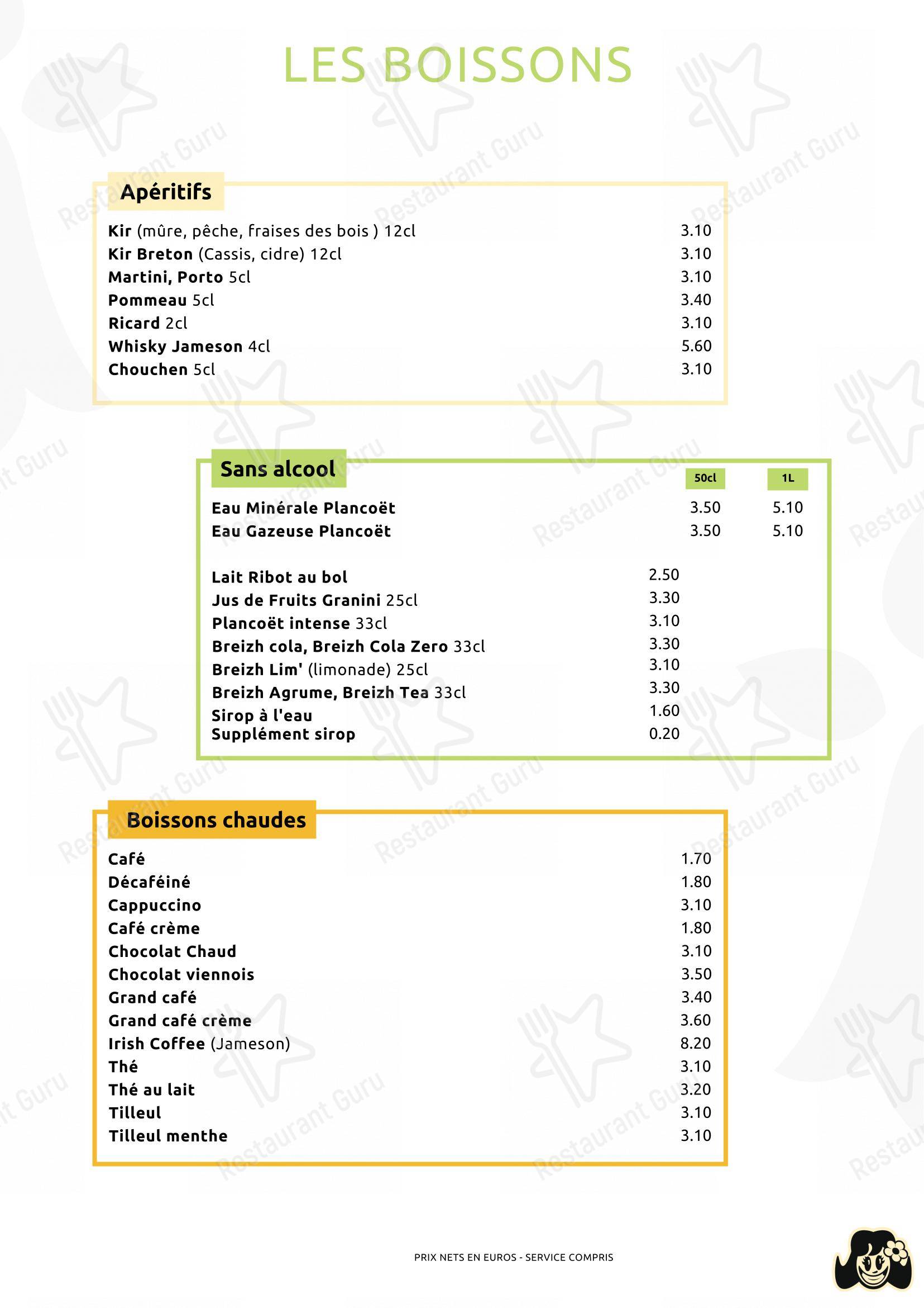 Creperie les Piplettes в Ренне - Меню