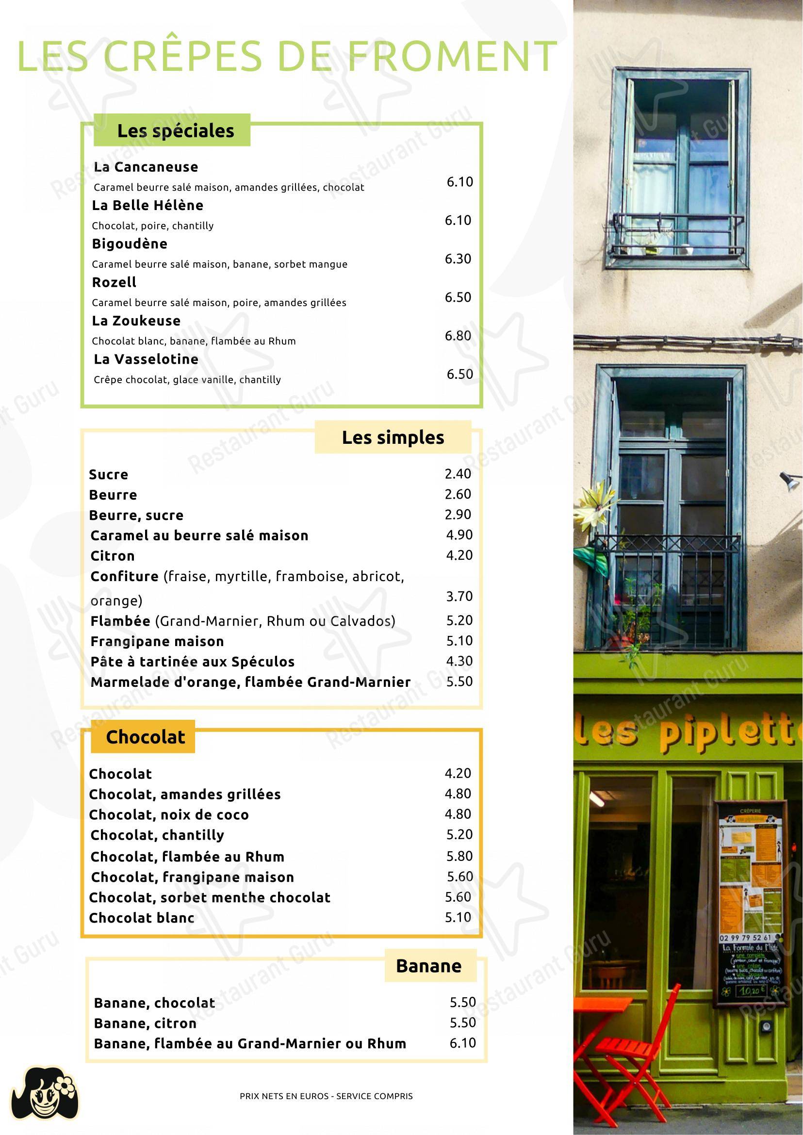 Creperie les Piplettes в Ренне - Меню