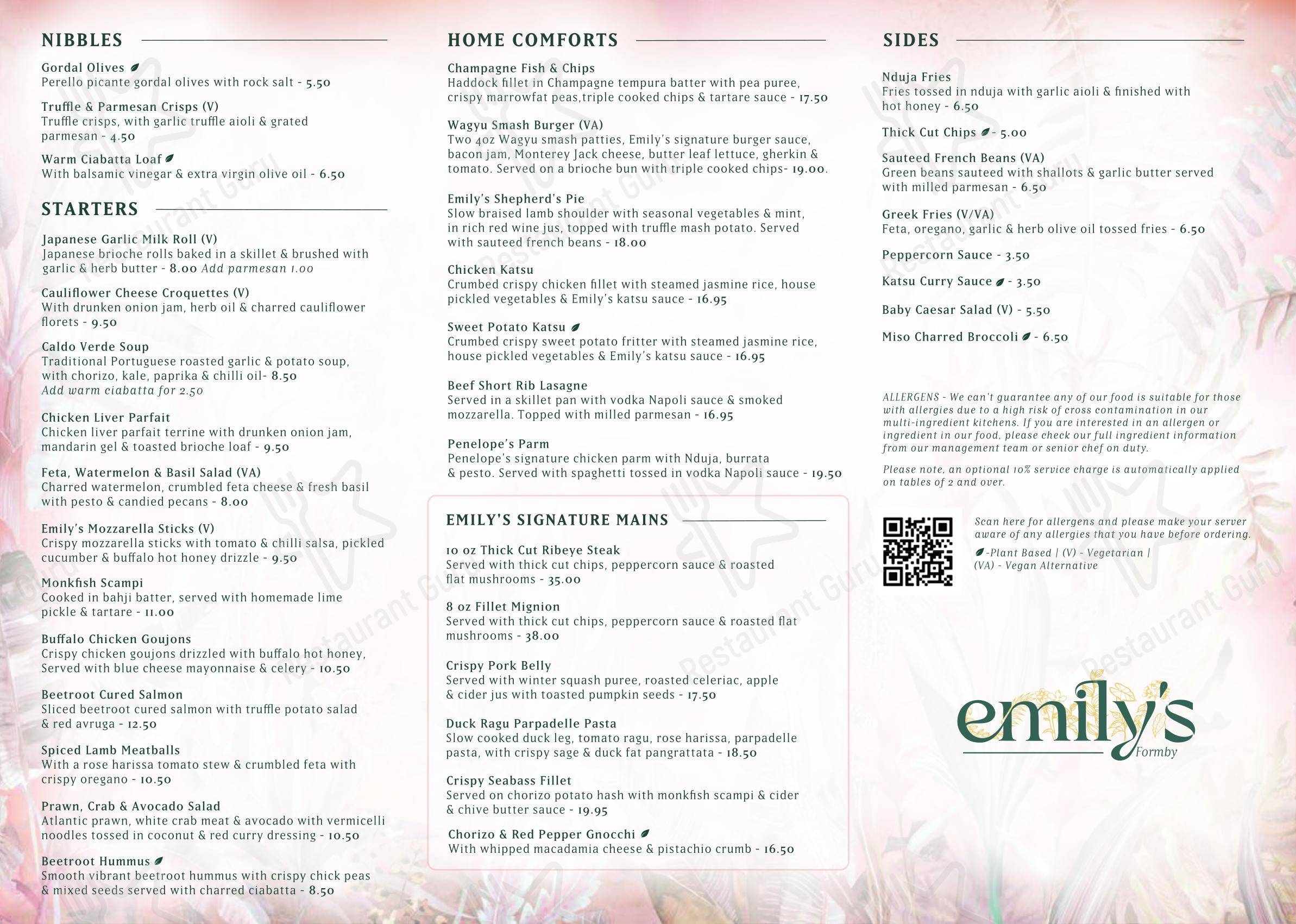 Table Menu паба и бара Emily's
