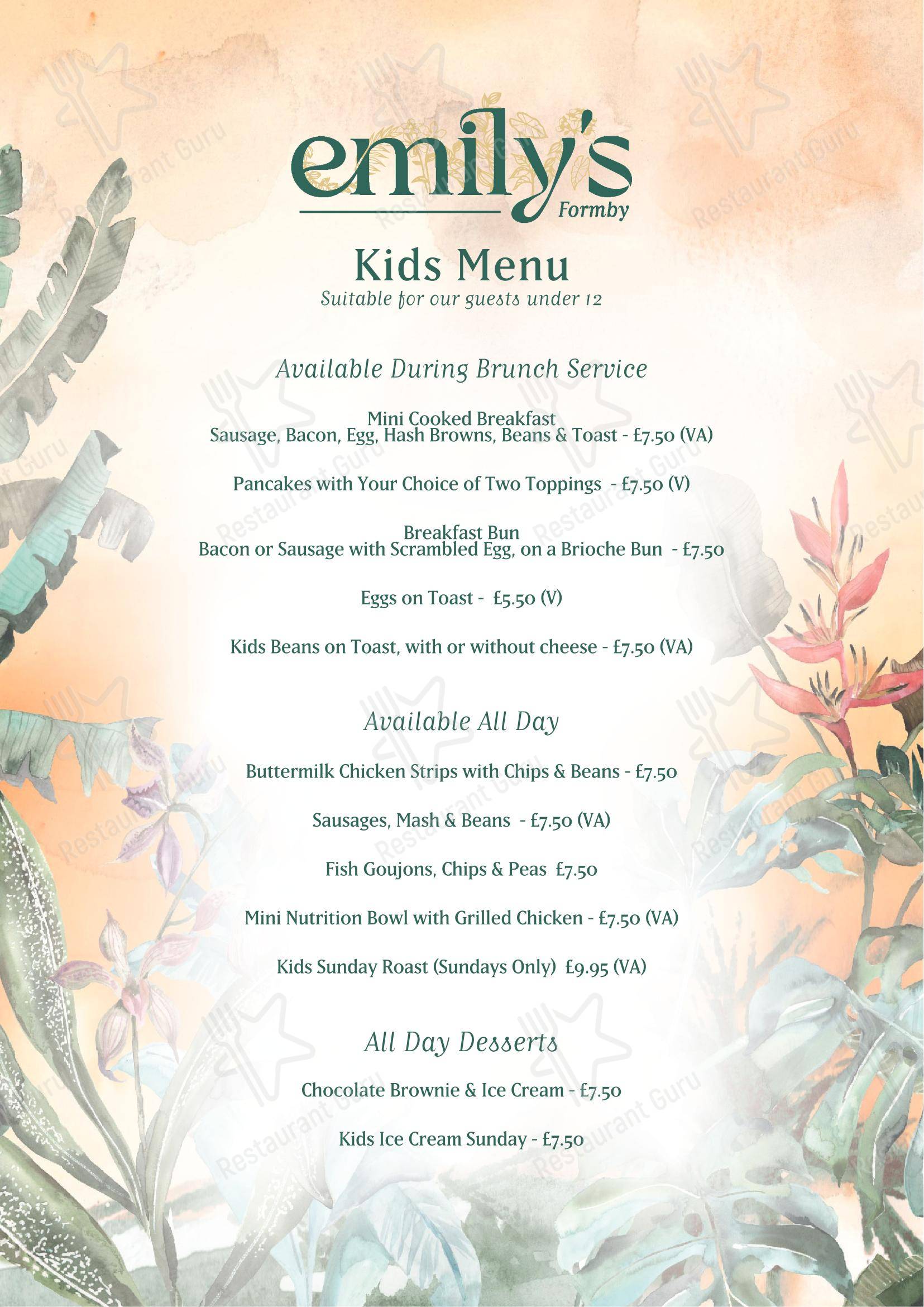 Меню паба и бара Emily's - At Home Catering Menu