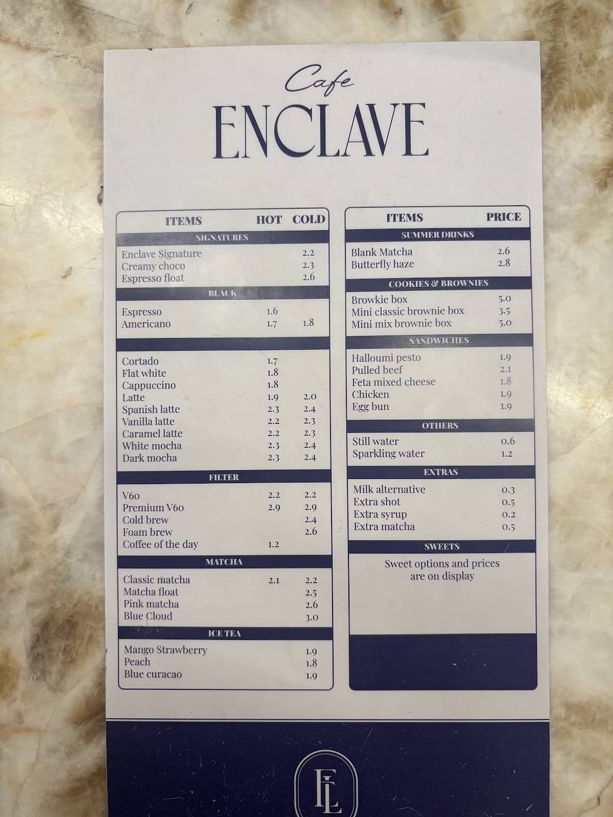 Enclave Cafe меню