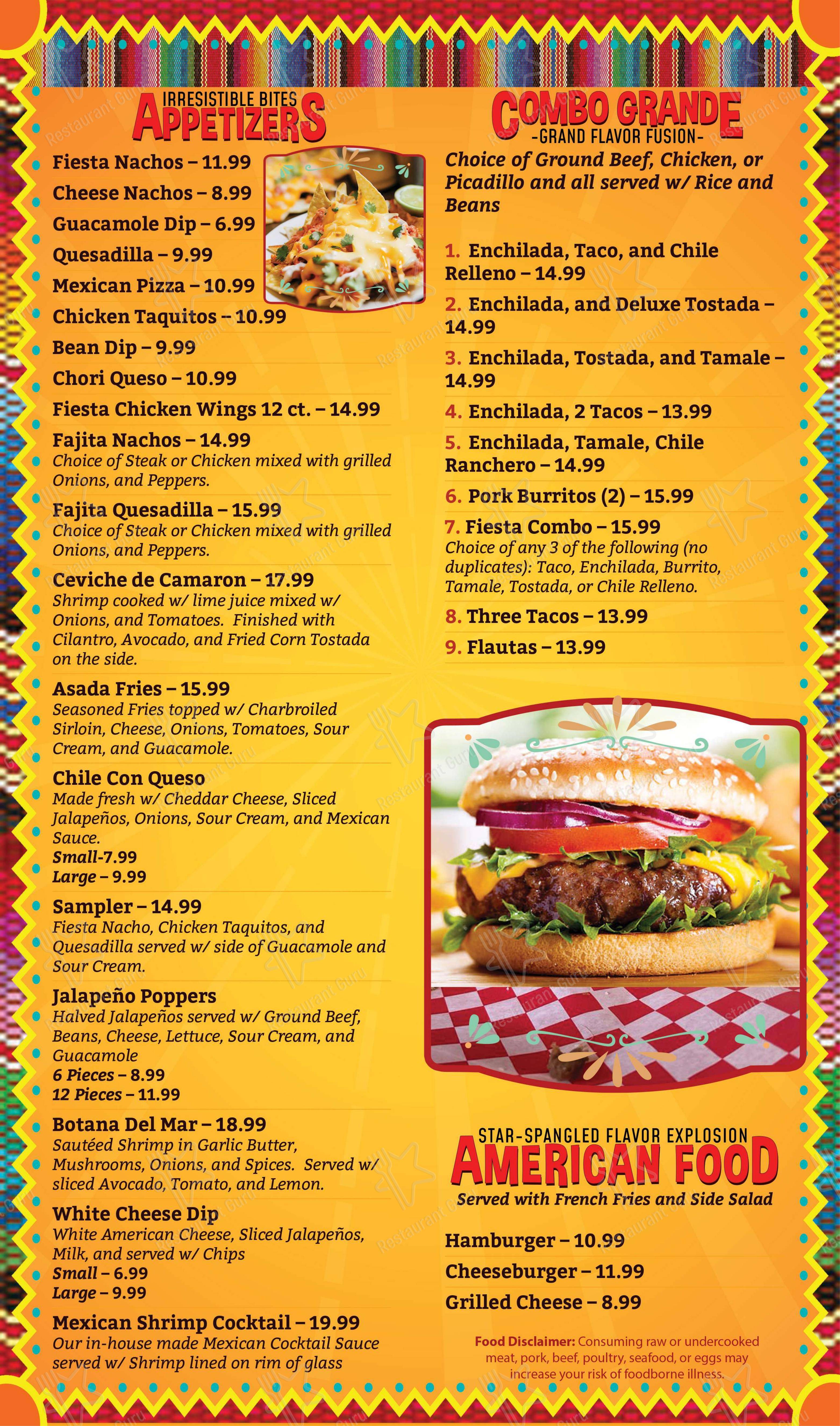 Меню паба и бара Fiesta Cafe Bar - Меню